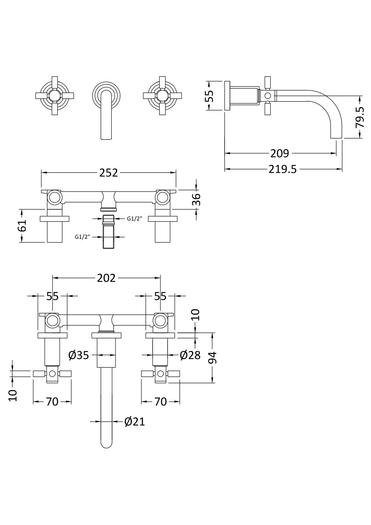 Tec Crosshead Wall Mounted Basin Mixer Brushed Brass