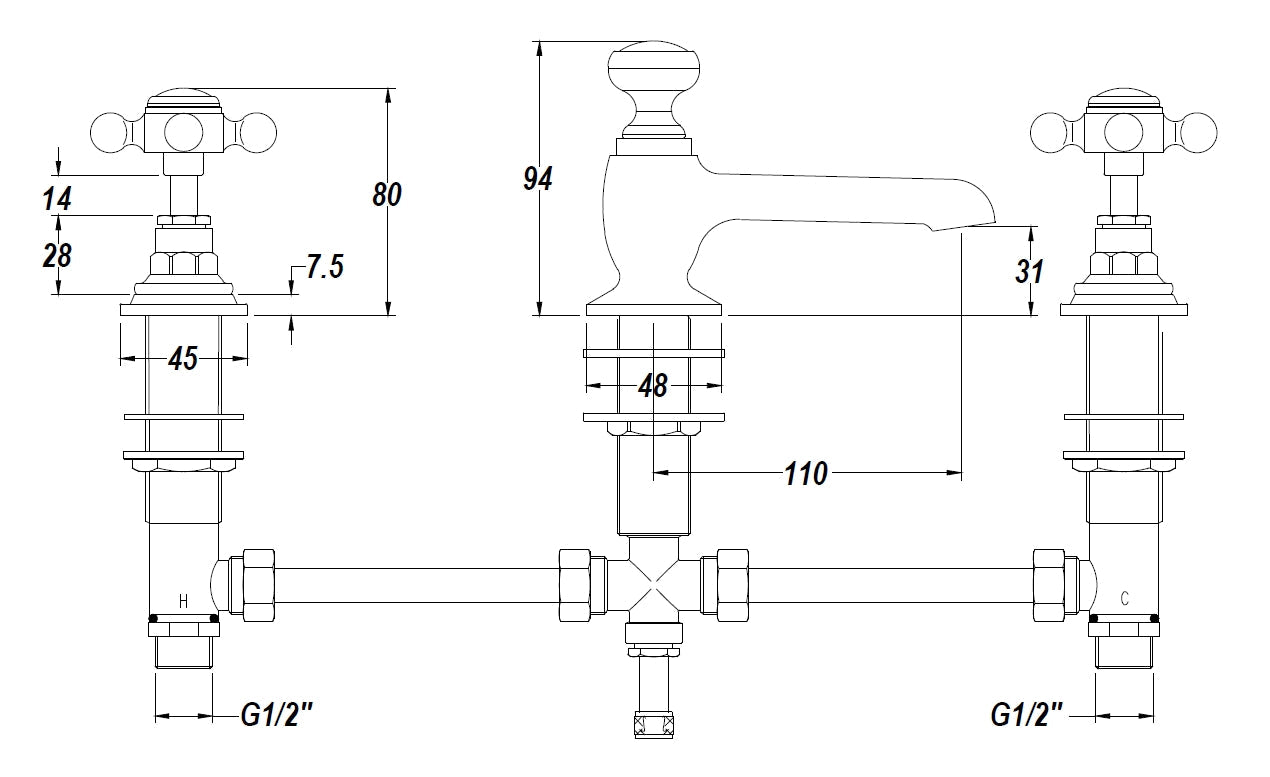 White Topaz With Crosshead Handle 3 Tap Hole Basin Mixer
