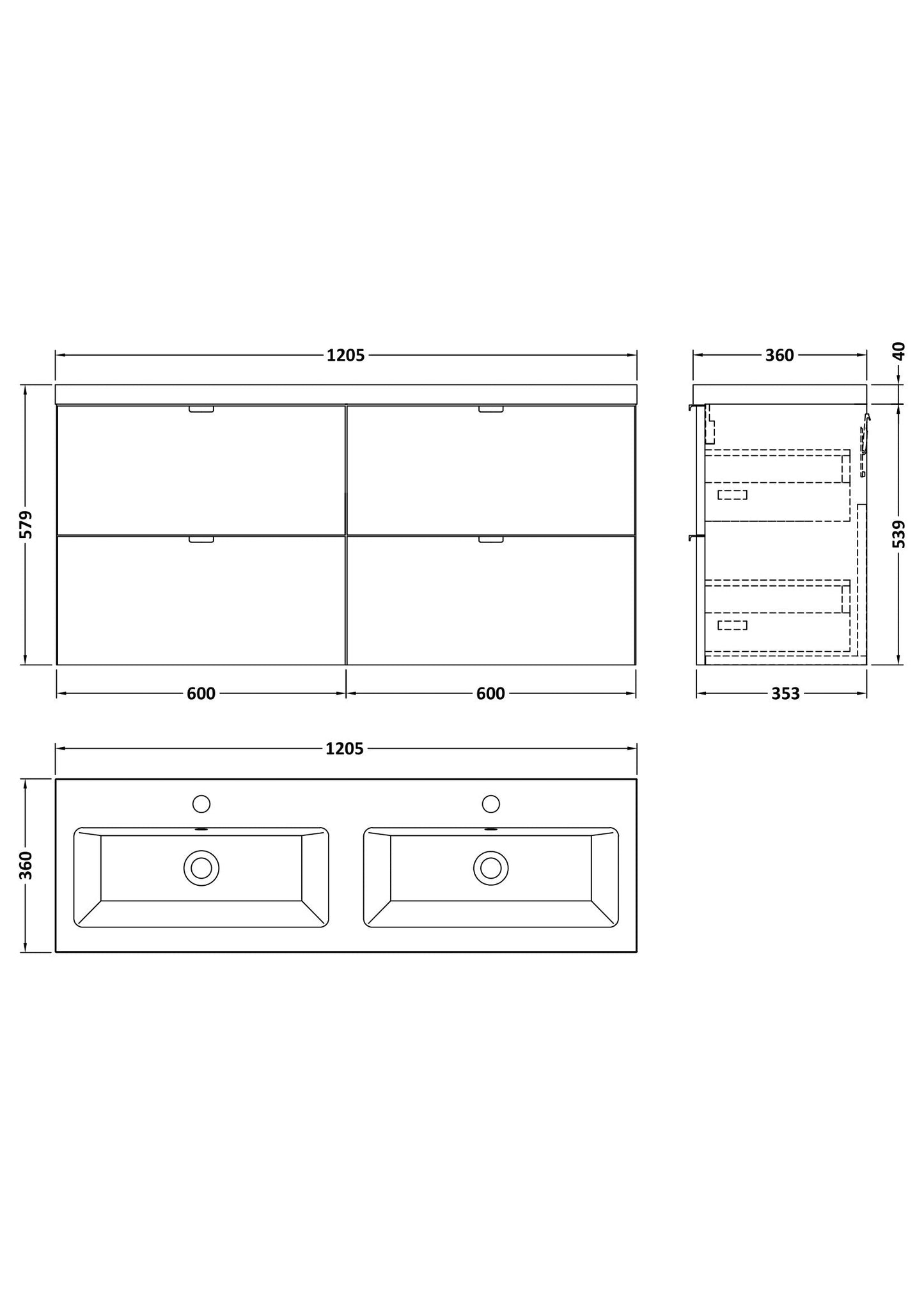 Hudson Reed Fusion 1200mm Anthracite Woodgrain Wall Hung 4 Drawer Vanity Unit with Double Basin