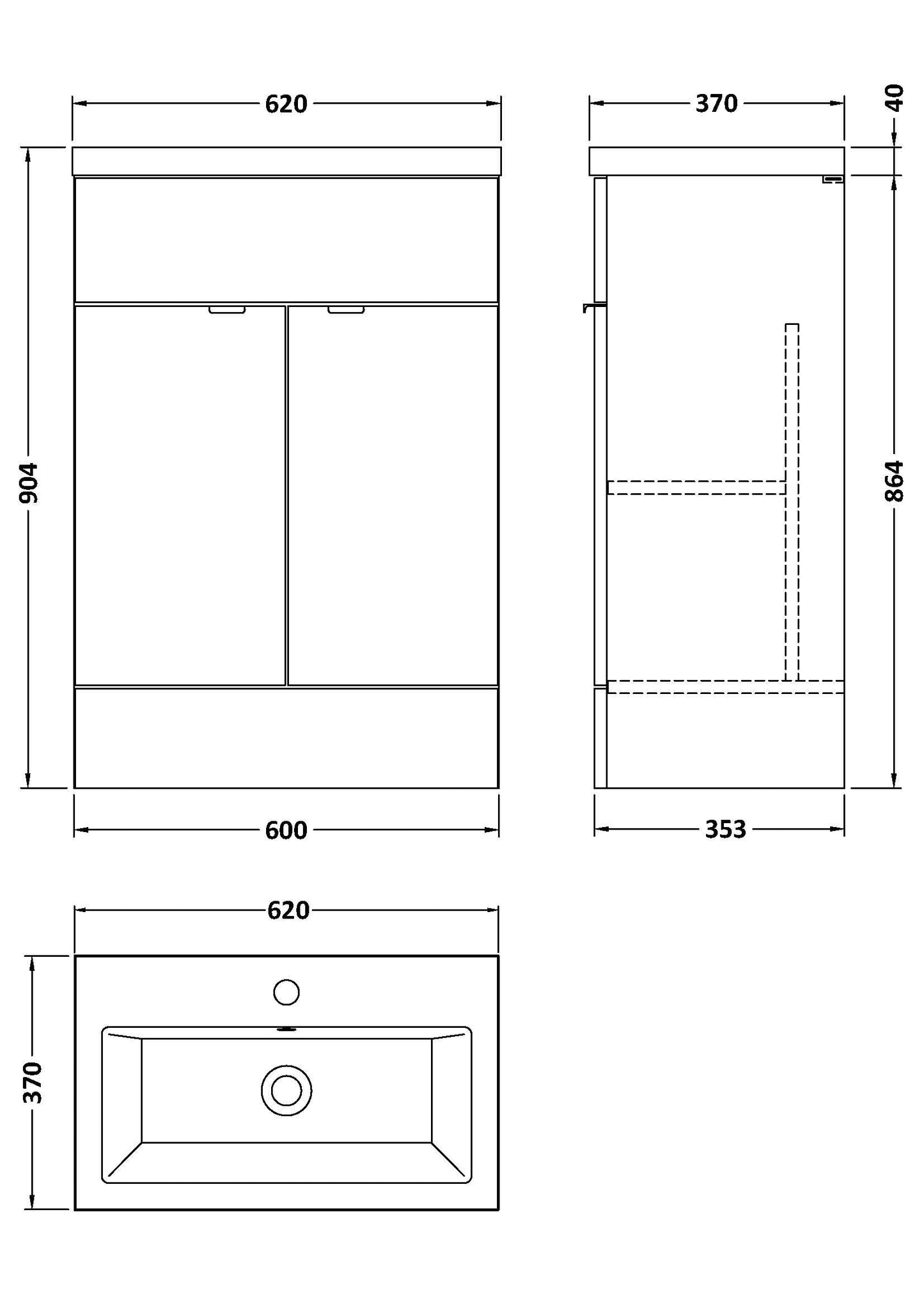 Hudson Reed Fusion 600mm Charcoal Black Floor Standing 2 Door Vanity Unit With Basin