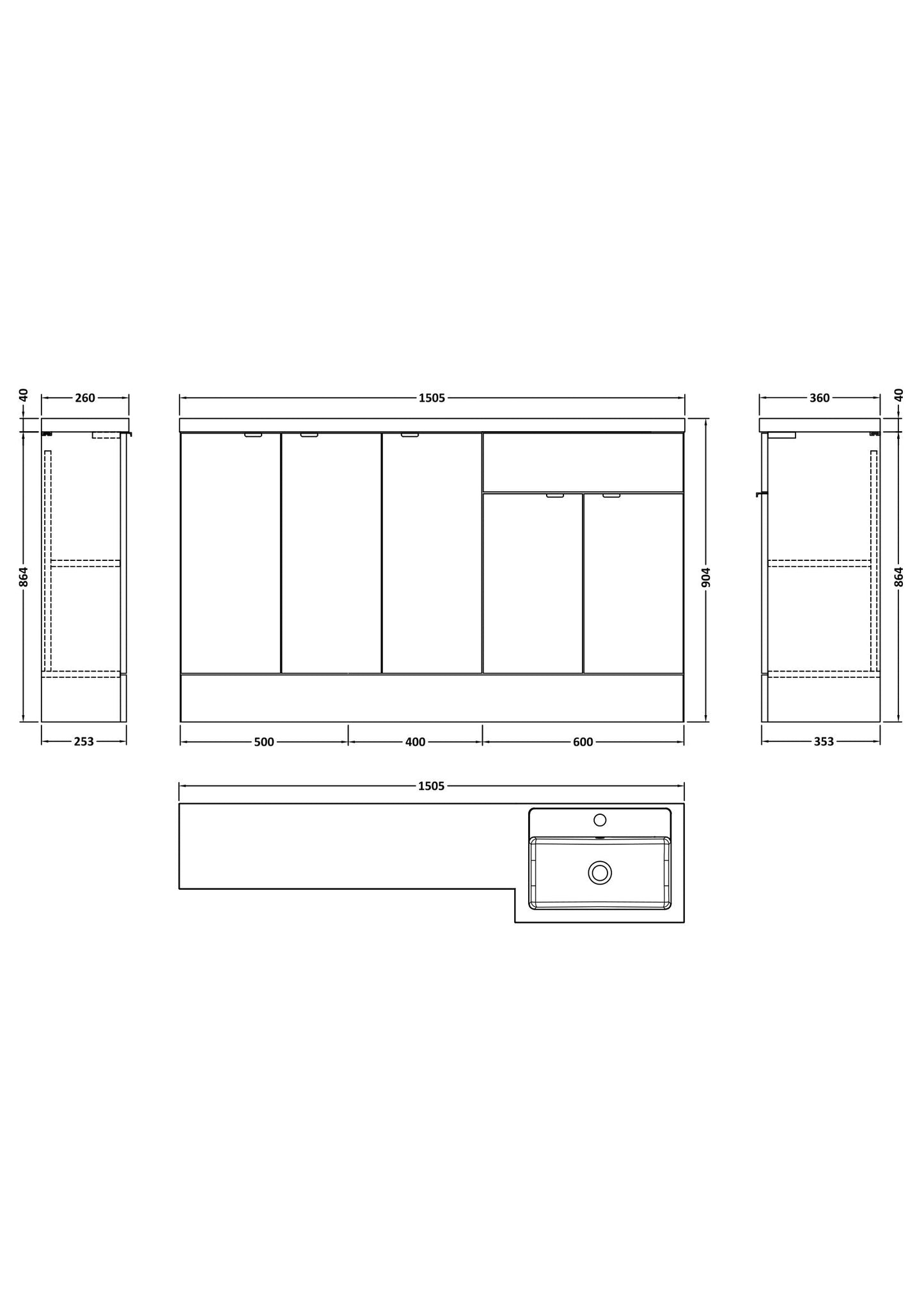 Hudson Reed Fusion 1500mm Gloss Grey Floor Standing 5 Door Right Hand Vanity Basin Combination With Handles