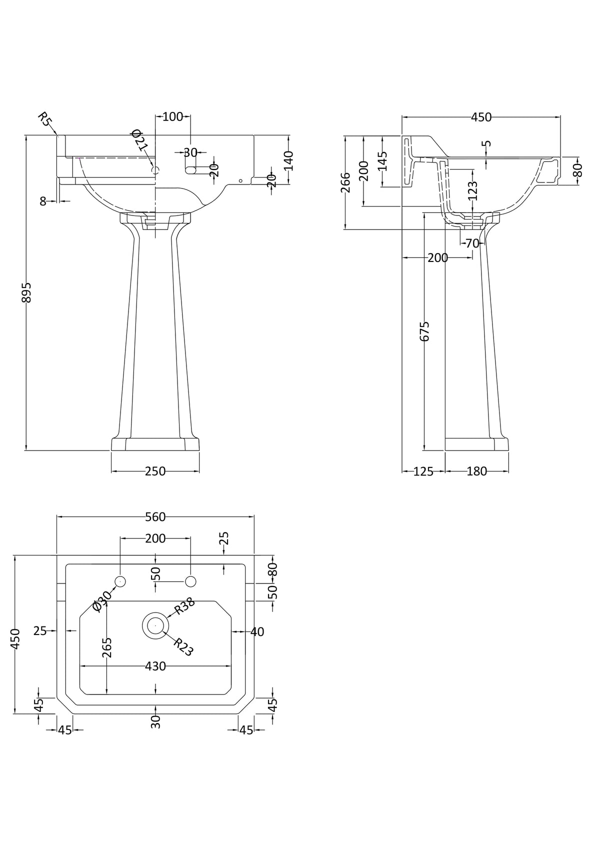 Hudson Reed Richmond 565mm Traditional 2 Tap Hole Basin & Pedestal