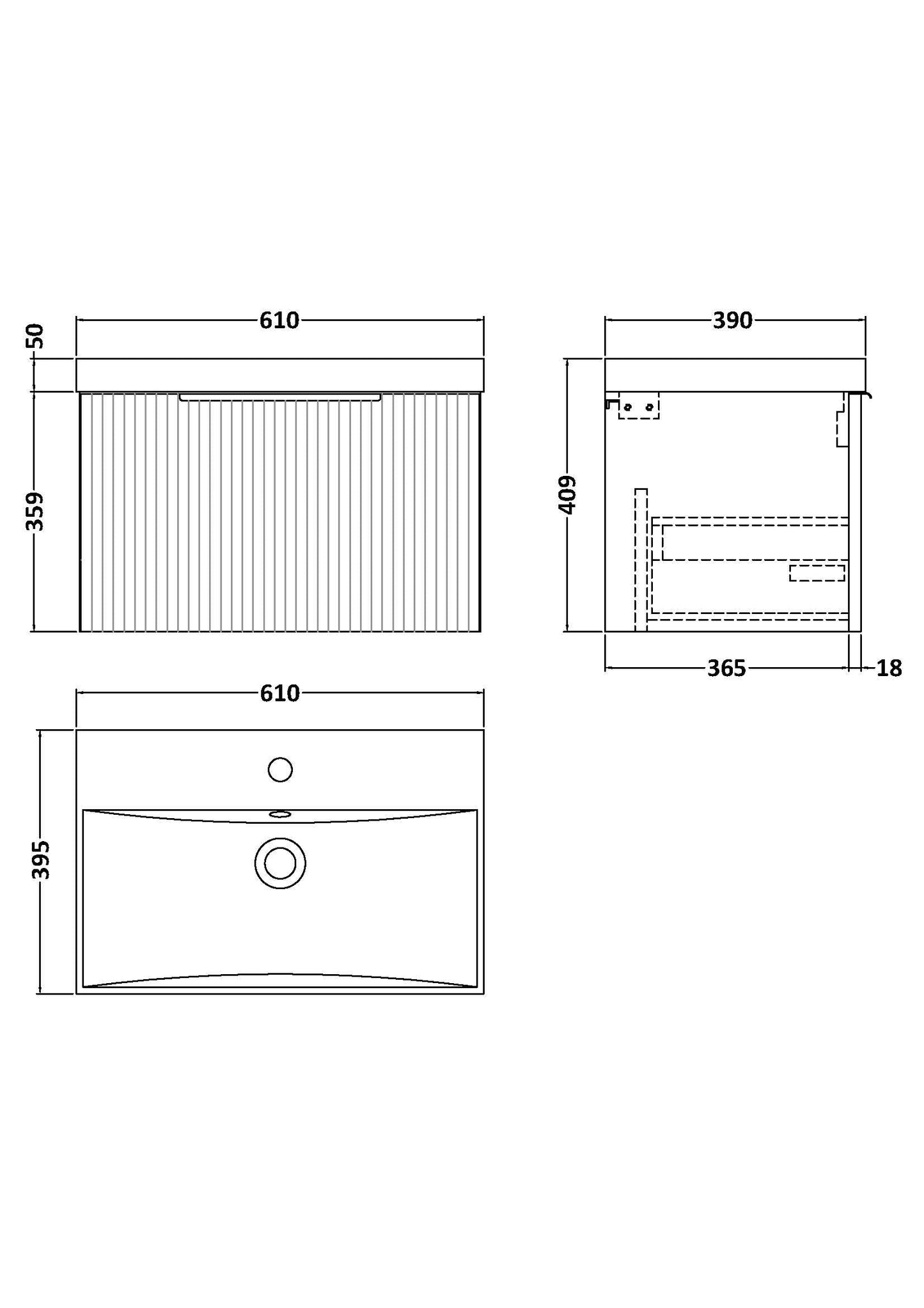 Hudson Reed Fluted 600mm Wall Hung Single Drawer Vanity Unit Including Basin