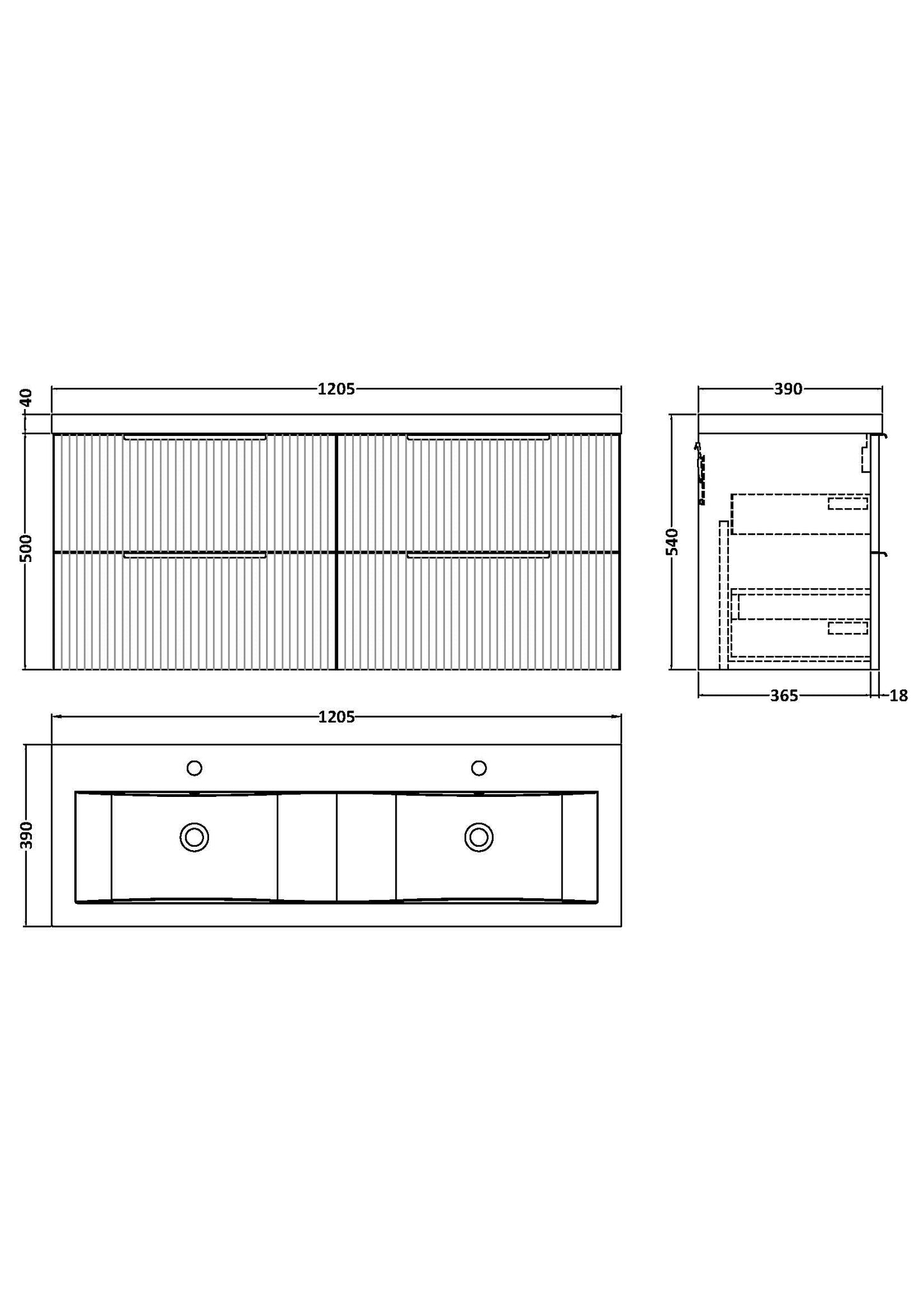 Hudson Reed Fluted 1200mm Wall Hung 4-Drawer Double Basin Vanity Unit with Ceramic Basin