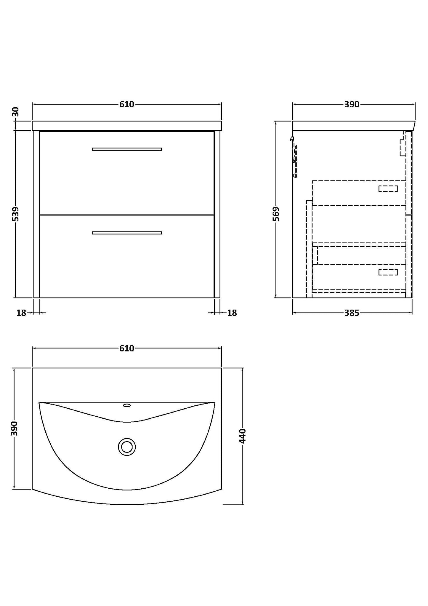 Hudson Reed Juno 600mm Coastal Grey Wall Hung 2-Drawer Vanity Unit with Curved 1 Tap Hole Basin