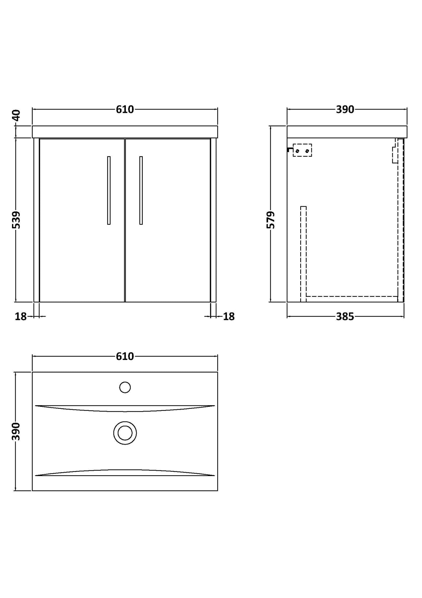 Hudson Reed Juno 600mm Wall Hung 2 Door Vanity Unit Including Basin