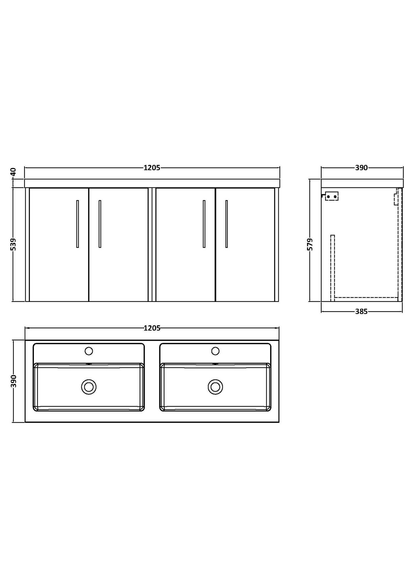 Hudson Reed Juno 1200mm Metallic Slate Wall Hung 4 Door Double Basin Vanity Unit with 2 Tap Holes