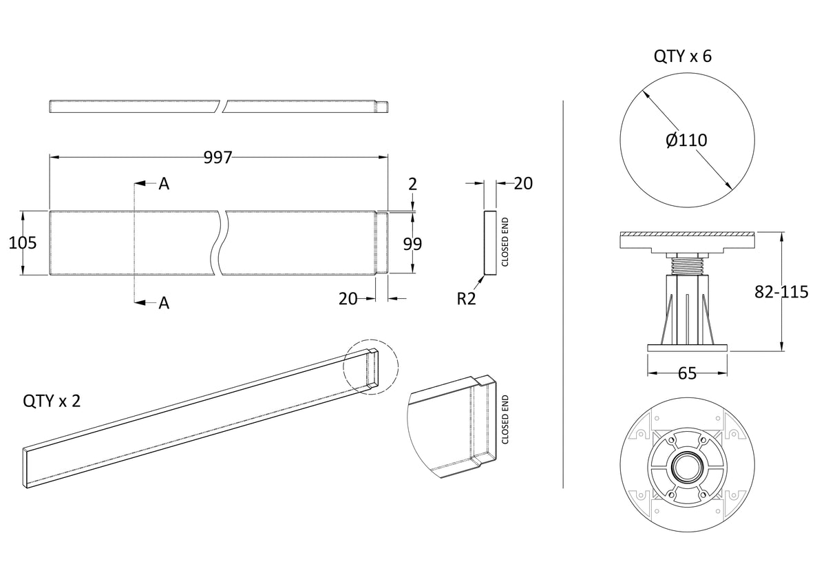 Hudson Reed 700-900mm Square & Rectangular Tray Leg Set With Plinth, Legs, Clips & Screws