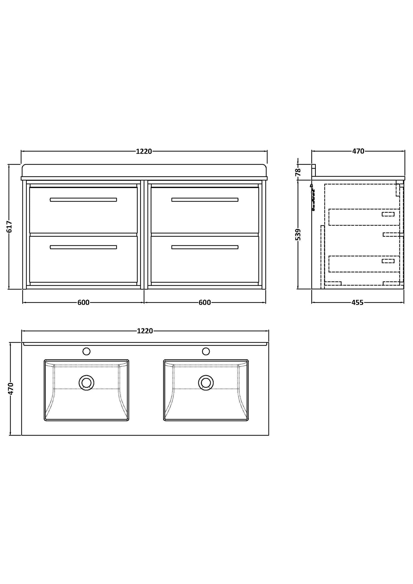 Hudson Reed Lille 1200mm Wall Hung 4-Drawer Vanity Unit With Double Marble Basins