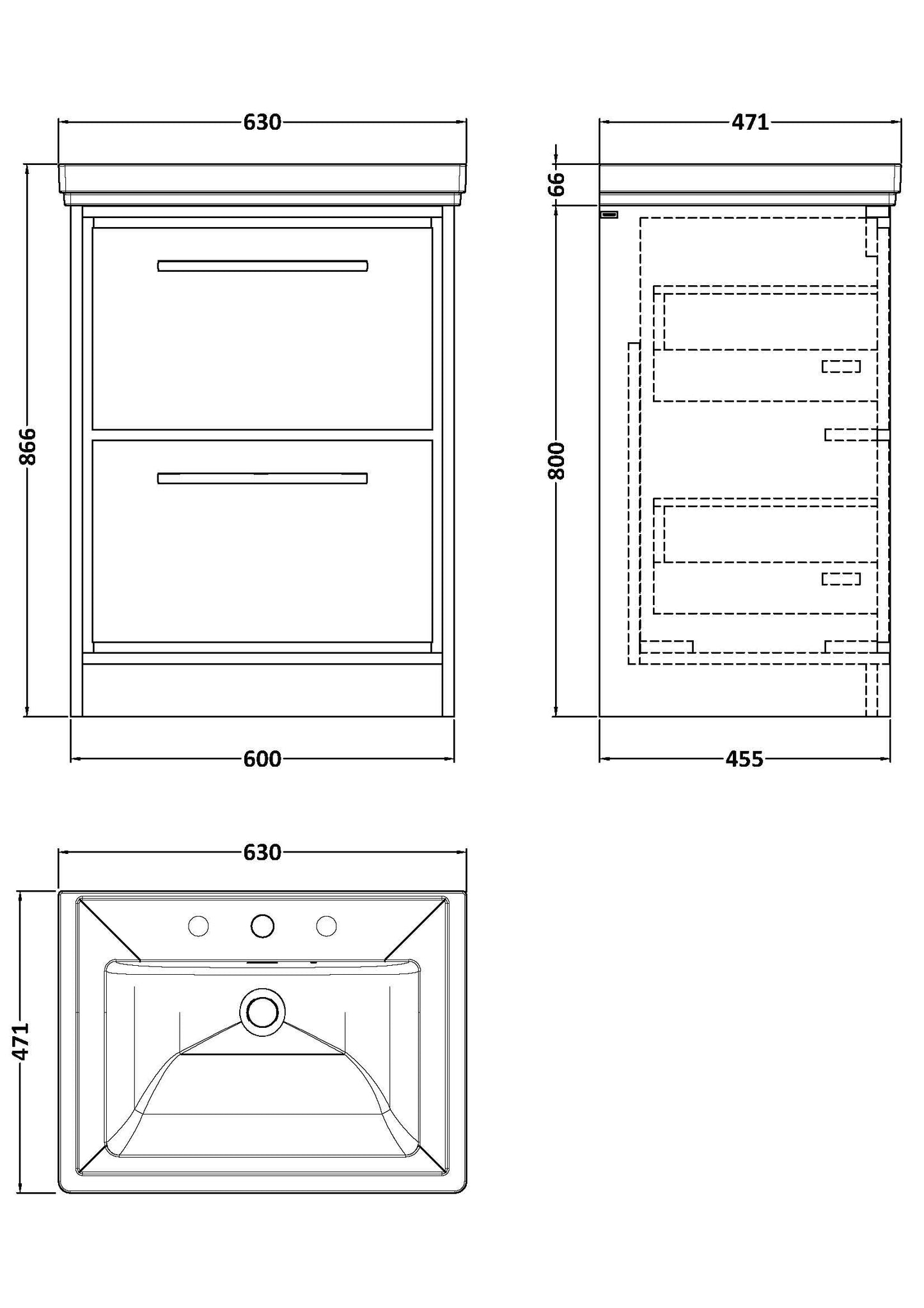 Hudson Reed Lille 600mm Coastal Grey Floor Standing 2-Drawer Vanity Unit with 3 Tap Hole Basin
