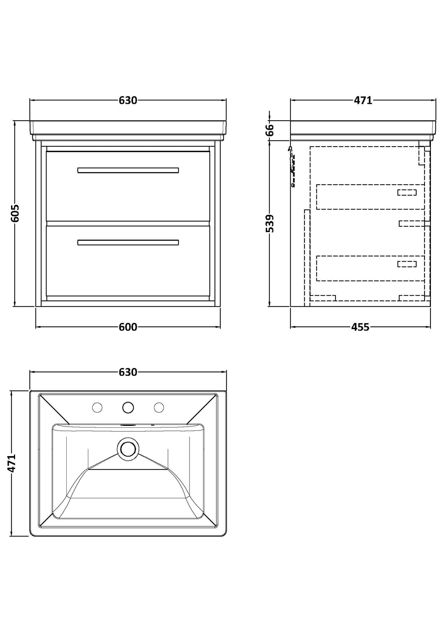 Hudson Reed Lille 600mm Fern Green Wall Hung 2-Drawer Vanity Unit with 3 Tap Hole Basin