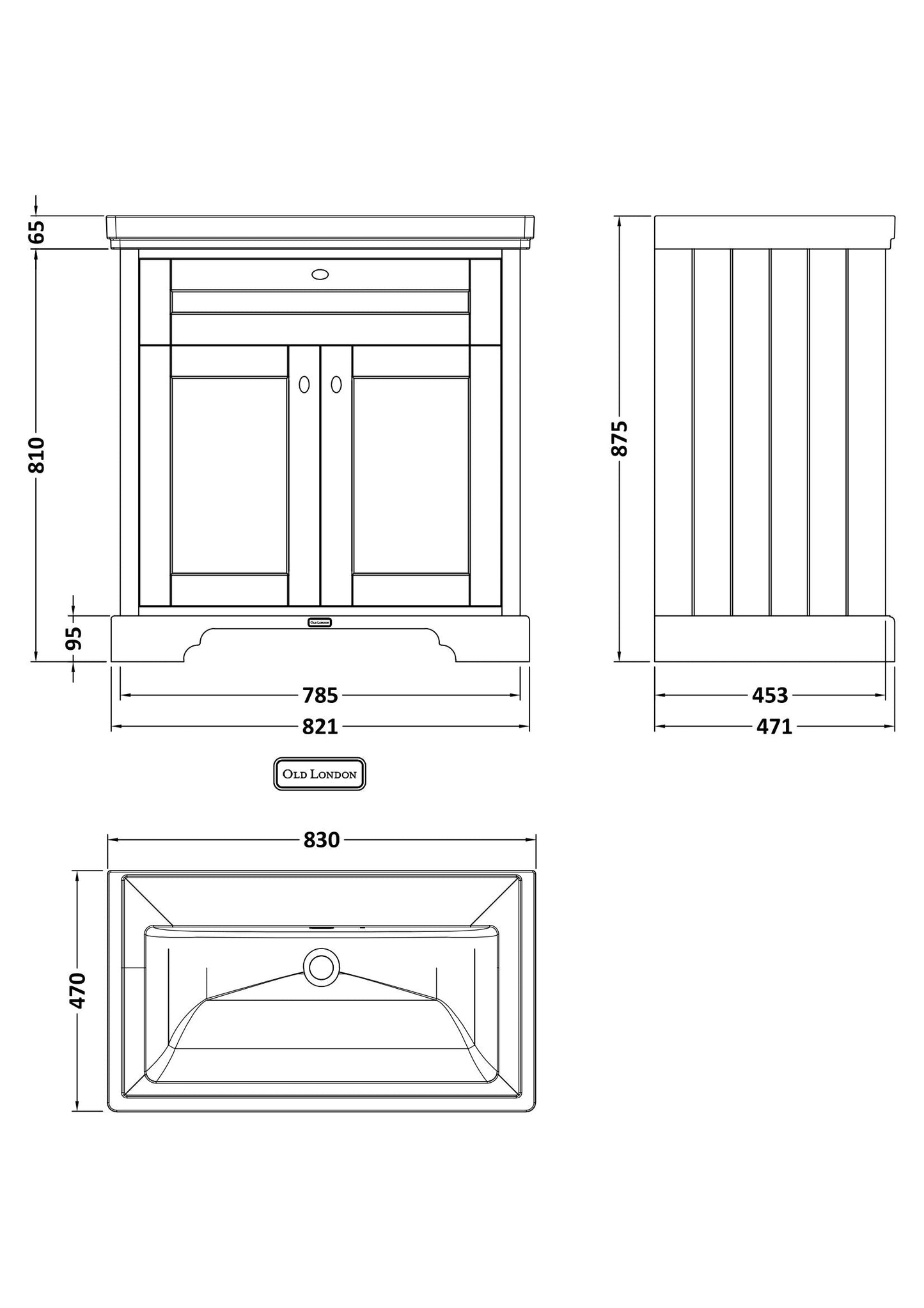 Hudson Reed Old London 800mm Storm Grey Floor Standing 2 Door Vanity Unit With 0 Tap Hole Fireclay Basin