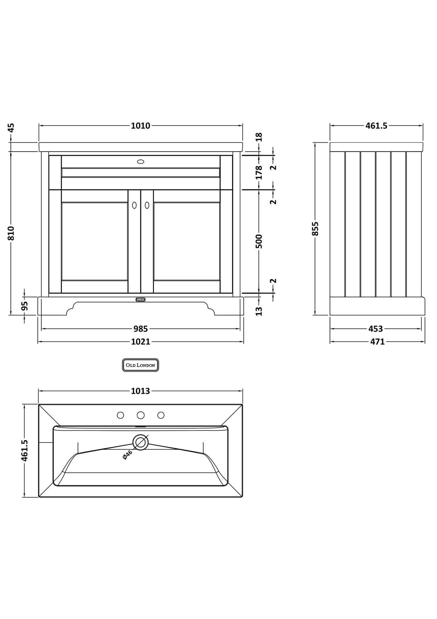 Hudson Reed Old London 1000mm Traditional Storm Grey 2-Door Floor Standing Vanity Unit with Fireclay Basin