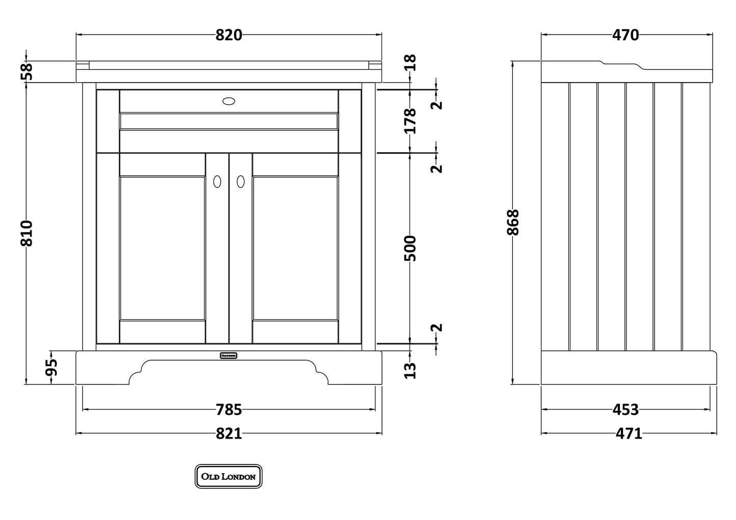 Hudson Reed Old London 800mm Floor Standing 2 Door Vanity Unit with 1 Tap Hole Ceramic Basin