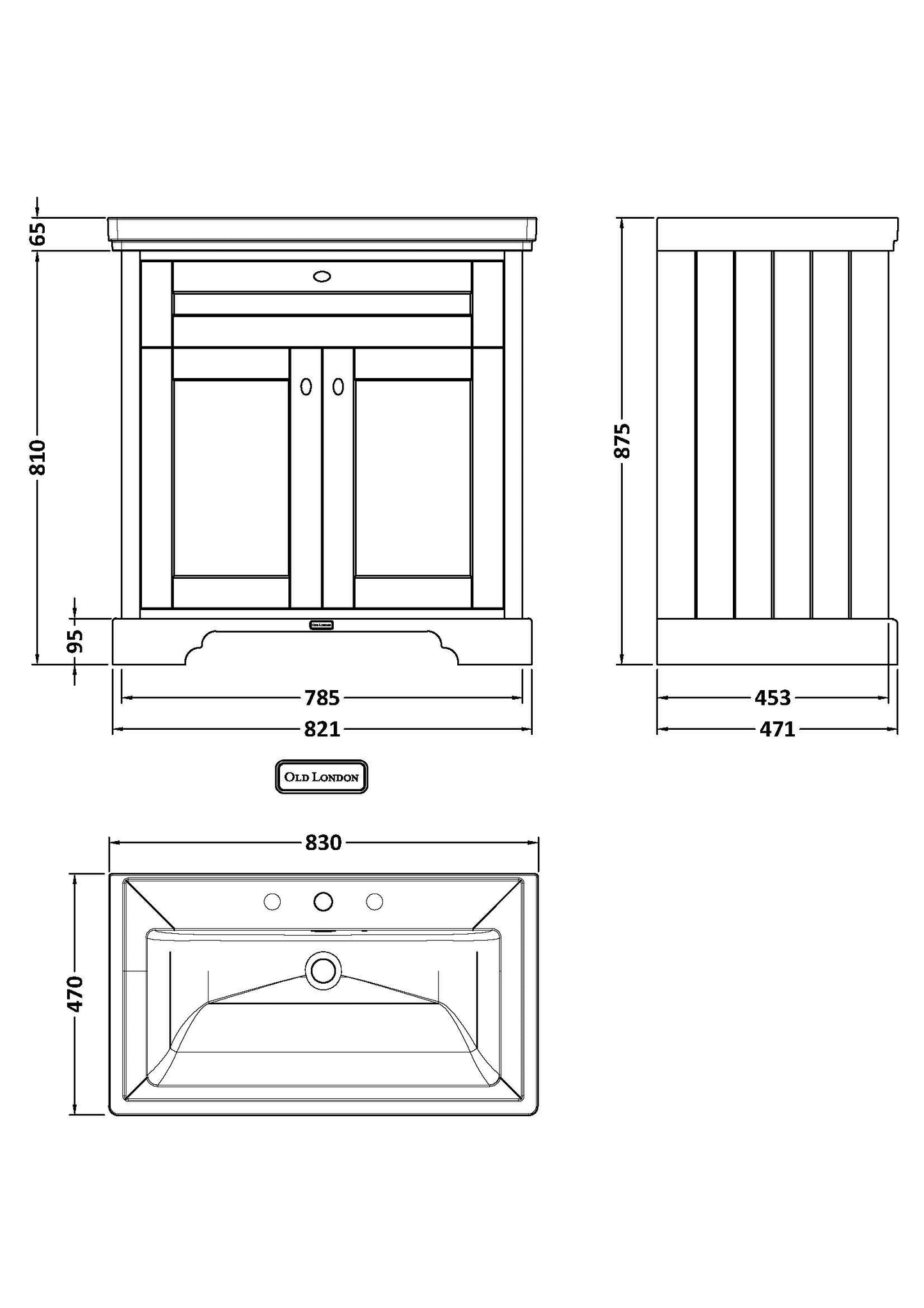 Hudson Reed Old London 800mm Floor Standing 2 Door Vanity Unit With 3 Tap Hole Fireclay Basin