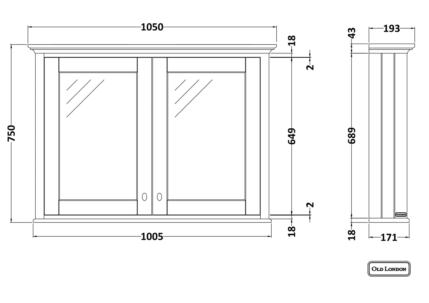 Hudson Reed Old London 1050mm 2 Door Storm Grey Wall Hung Mirror Cabinet With Handles
