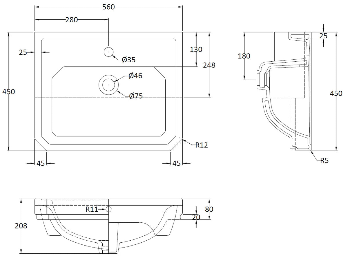 Richmond 560mm Semi Recessed Basin 1 Tap Hole