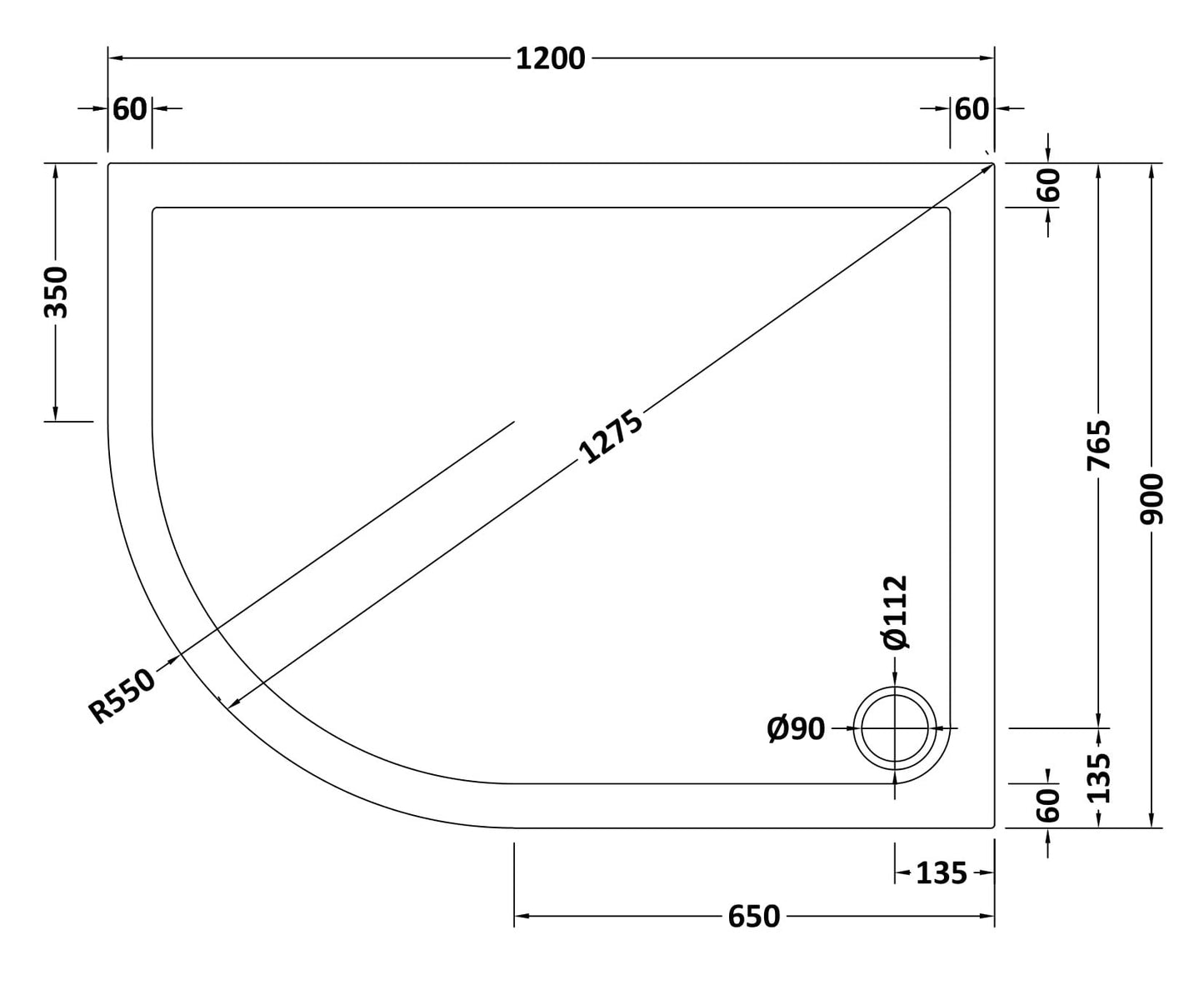 Slip Resistant Offset Quadrant Slimline Shower Tray Left Hand 1200 x 900mm