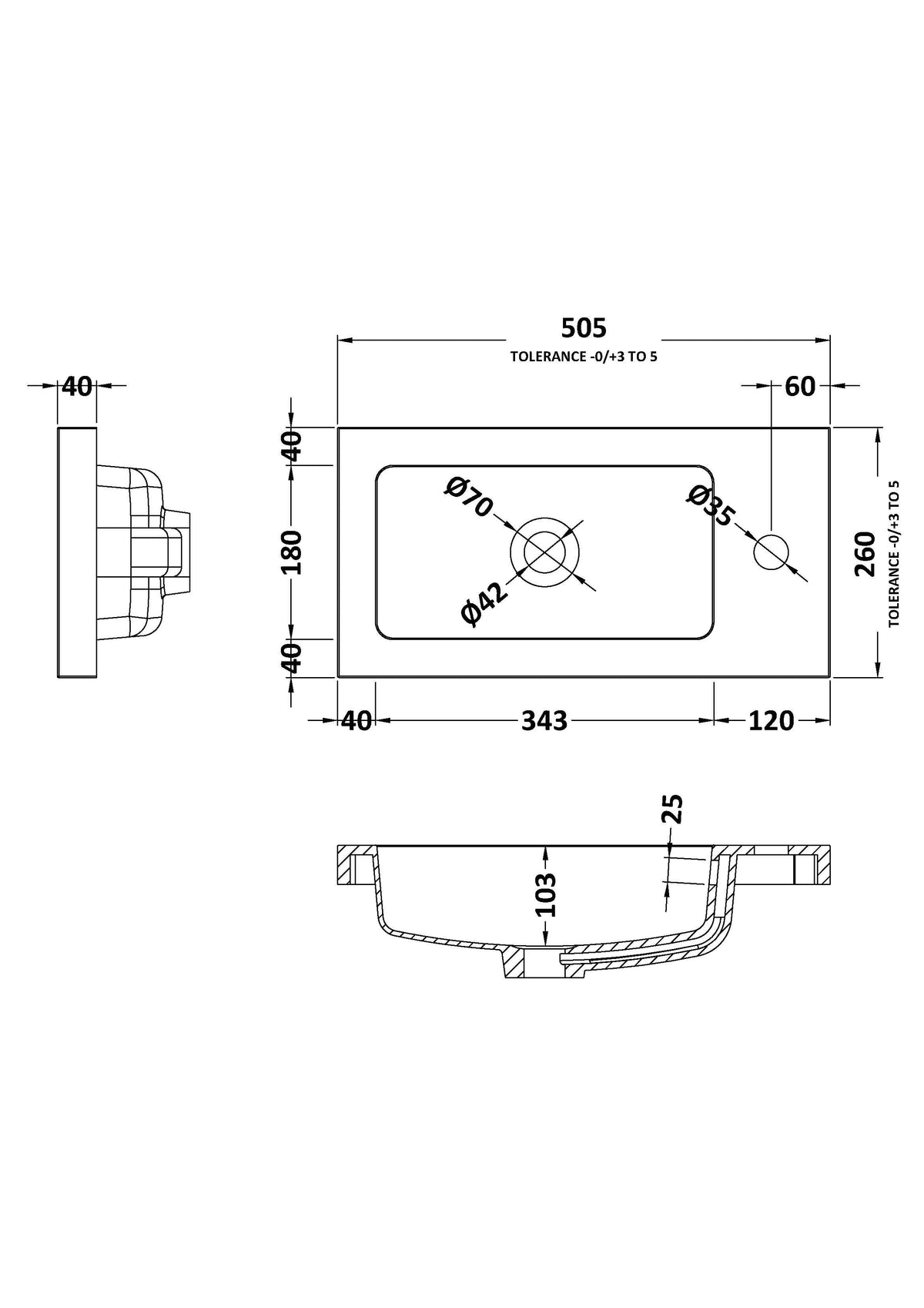 Fusion Fitted Square Compact 1 Tap Hole Polymarble Basin 500mm