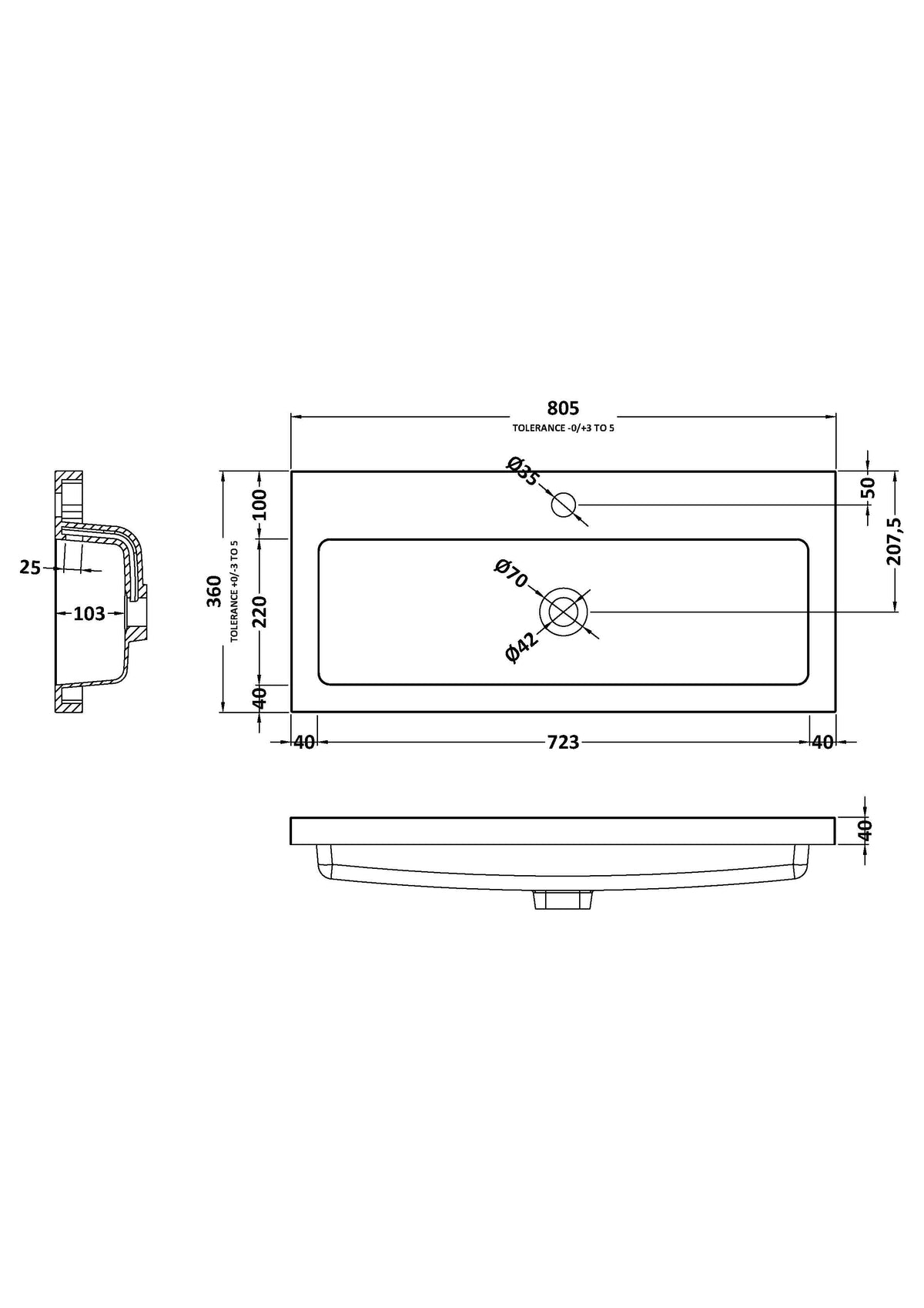 Fusion Fitted Square full-depth 1 Tap Hole Polymarble Basin 800mm