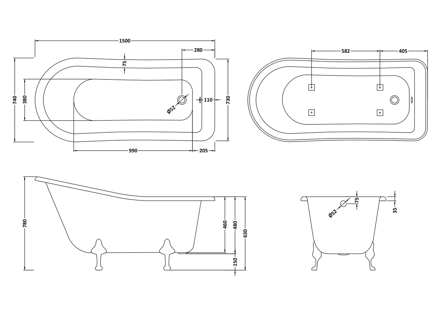 Hudson Reed 1500mm Freestanding Bath With Corbel Legs