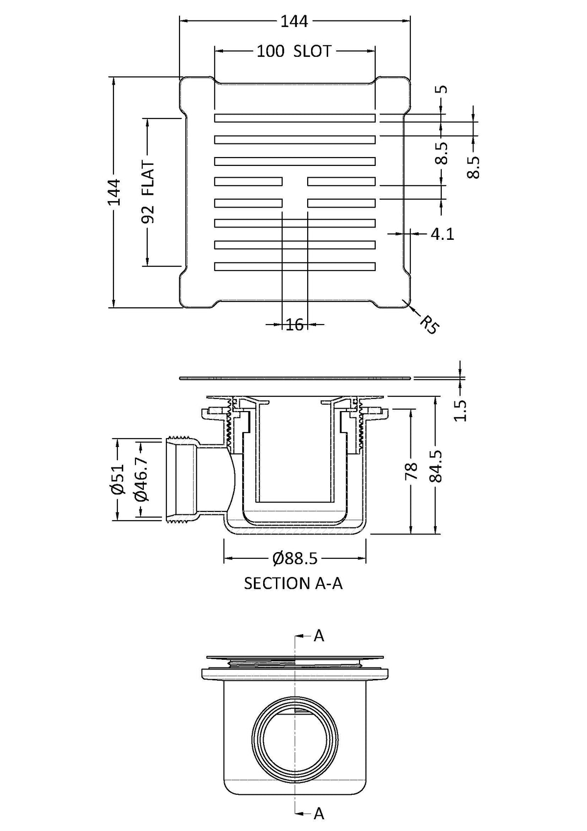 Square Shower Waste With Black Top