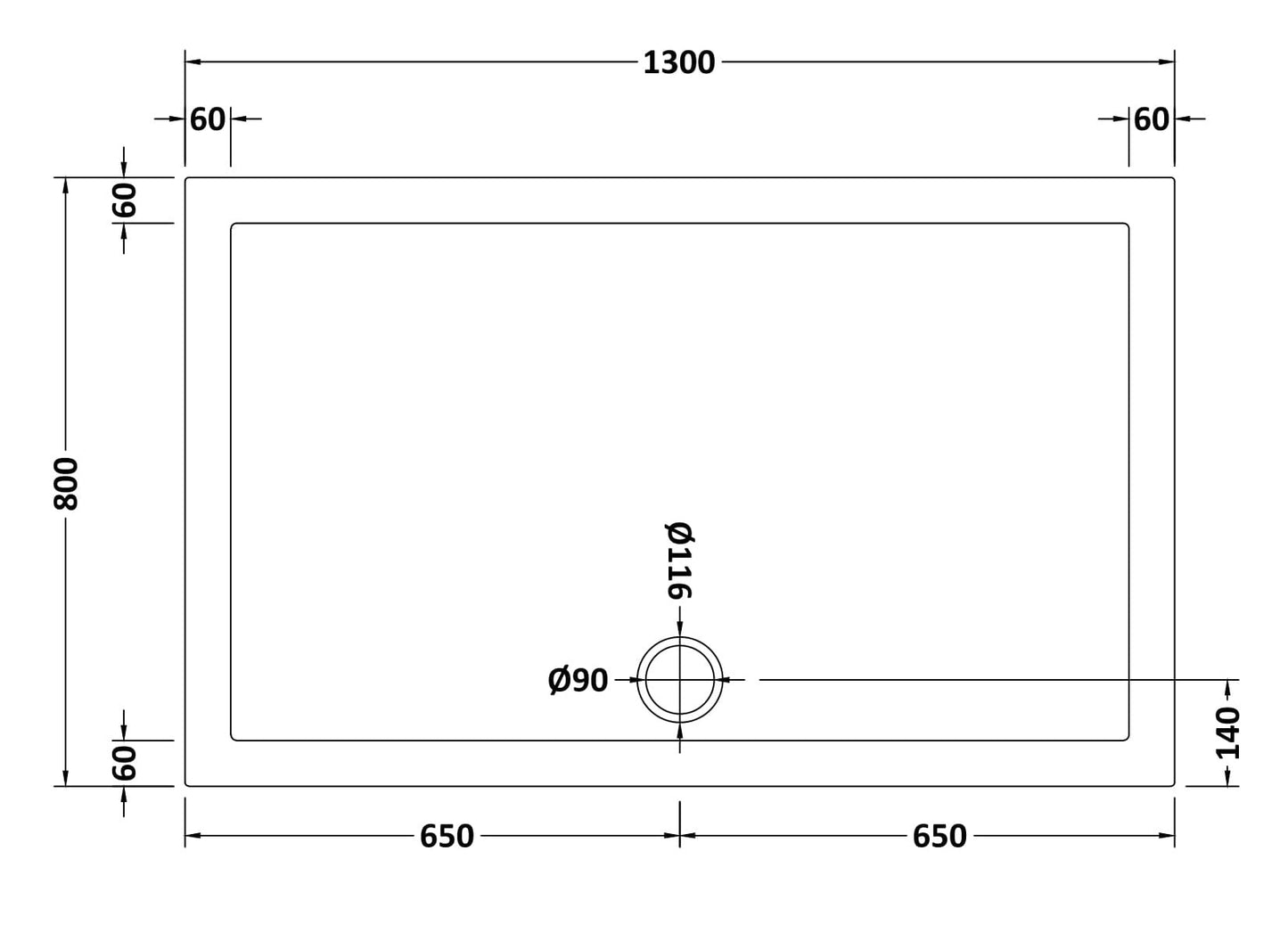 Rectangular Slimline Shower Tray 1300 x 800mm
