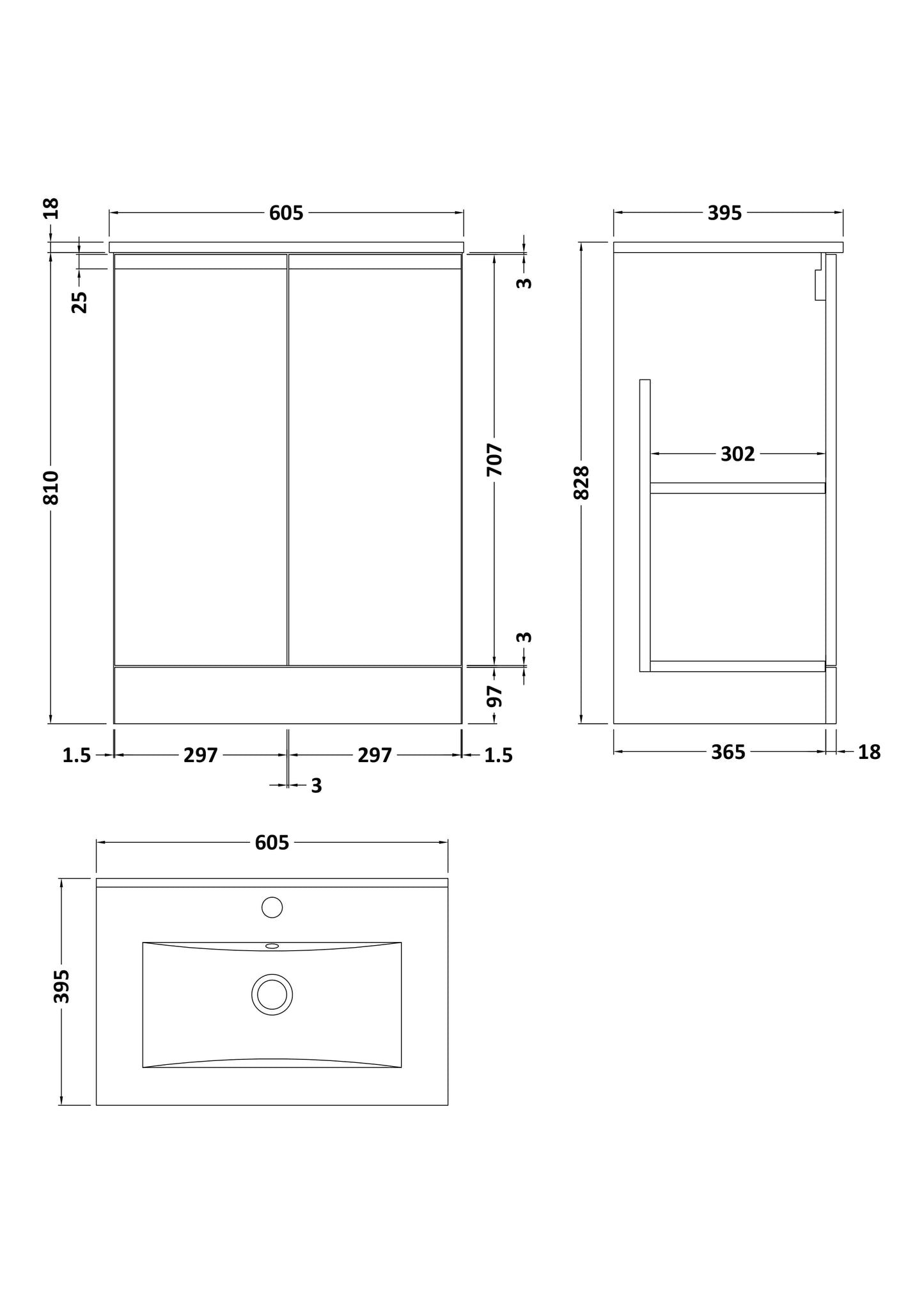 Hudson Reed Urban 600mm Soft Black Floor Standing 2 Door Vanity Unit With Basin