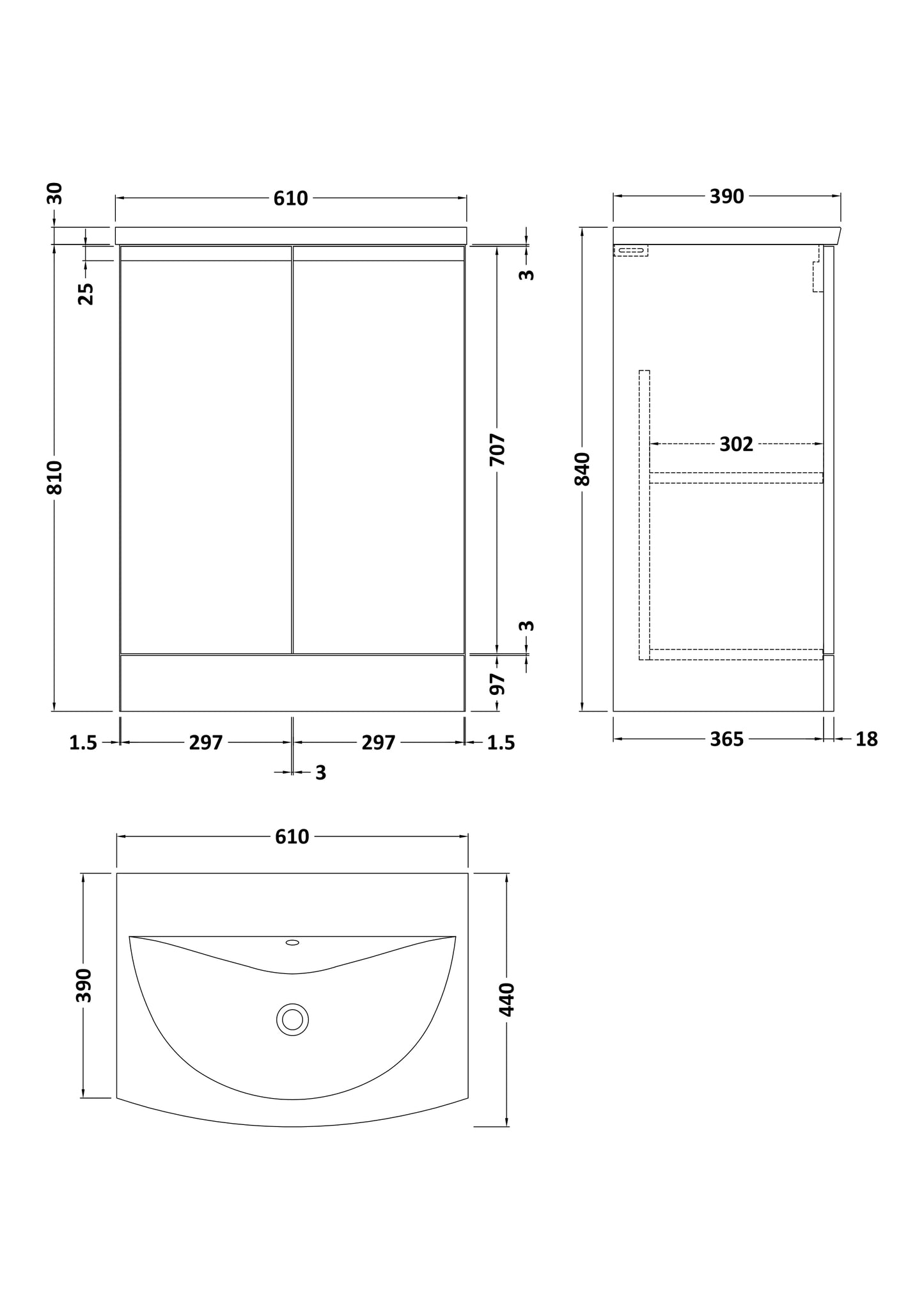 Hudson Reed Urban 600mm Satin Grey Floor Standing 2 Door Vanity Unit With Curved Basin