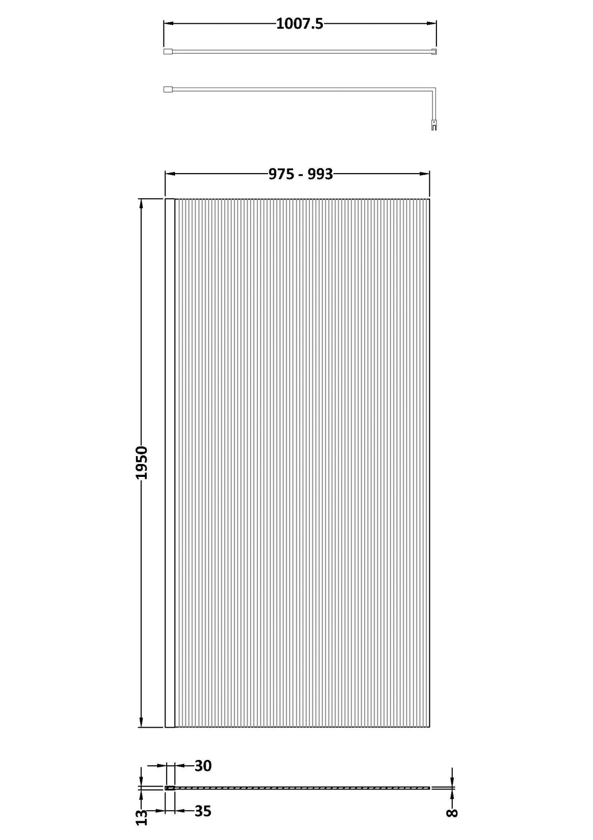 1000mm Fluted Wetroom Screen with Support Bar Matt Black