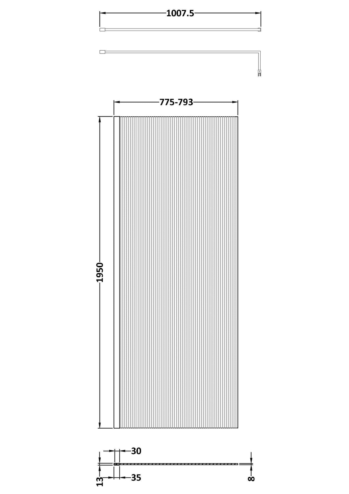 800mm x 1950mm Fluted Wetroom Screen Inc' Bar Polished Chrome