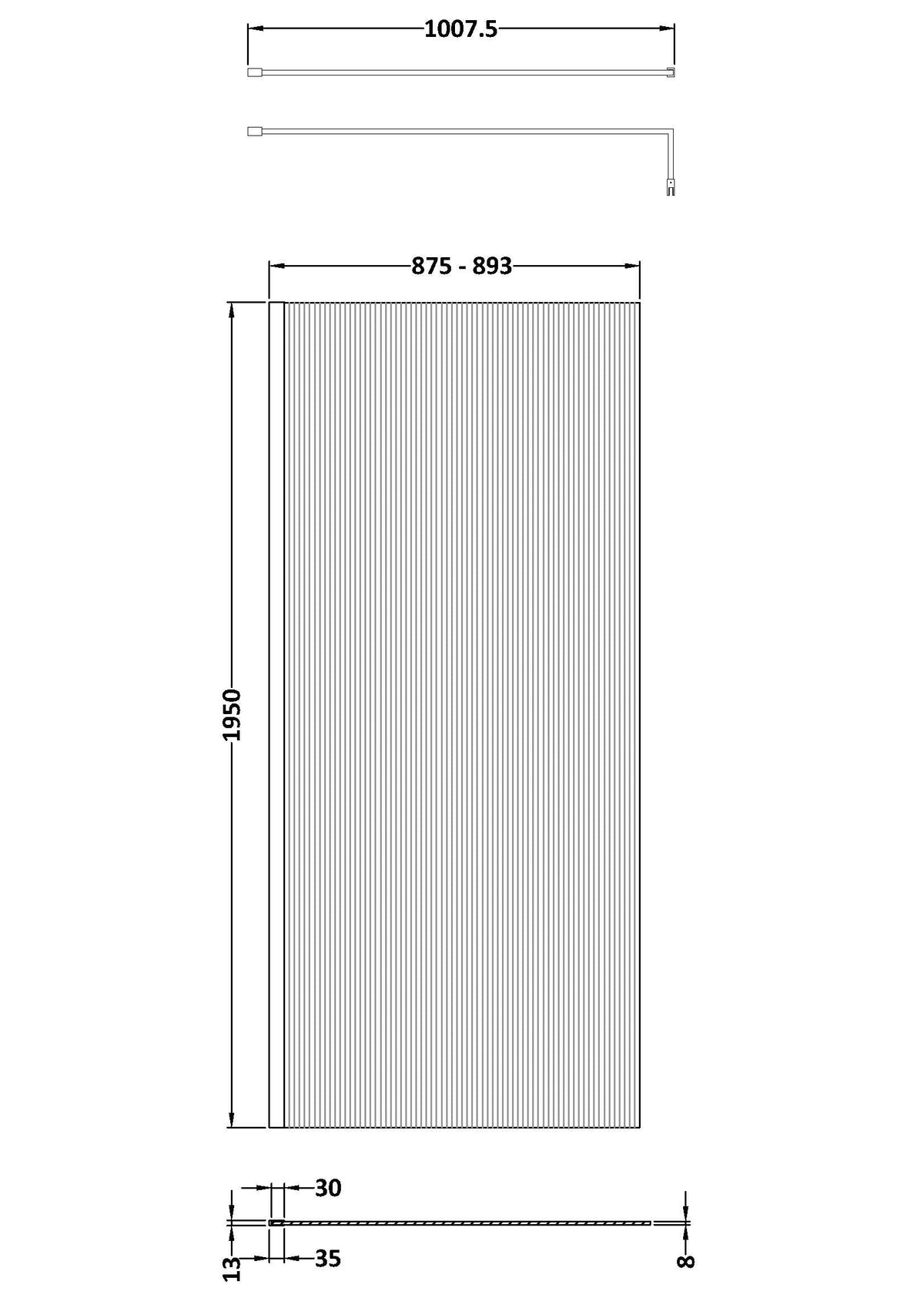 900mm x 1950mm Fluted Wetroom Screen Inc' Bar Polished Chrome