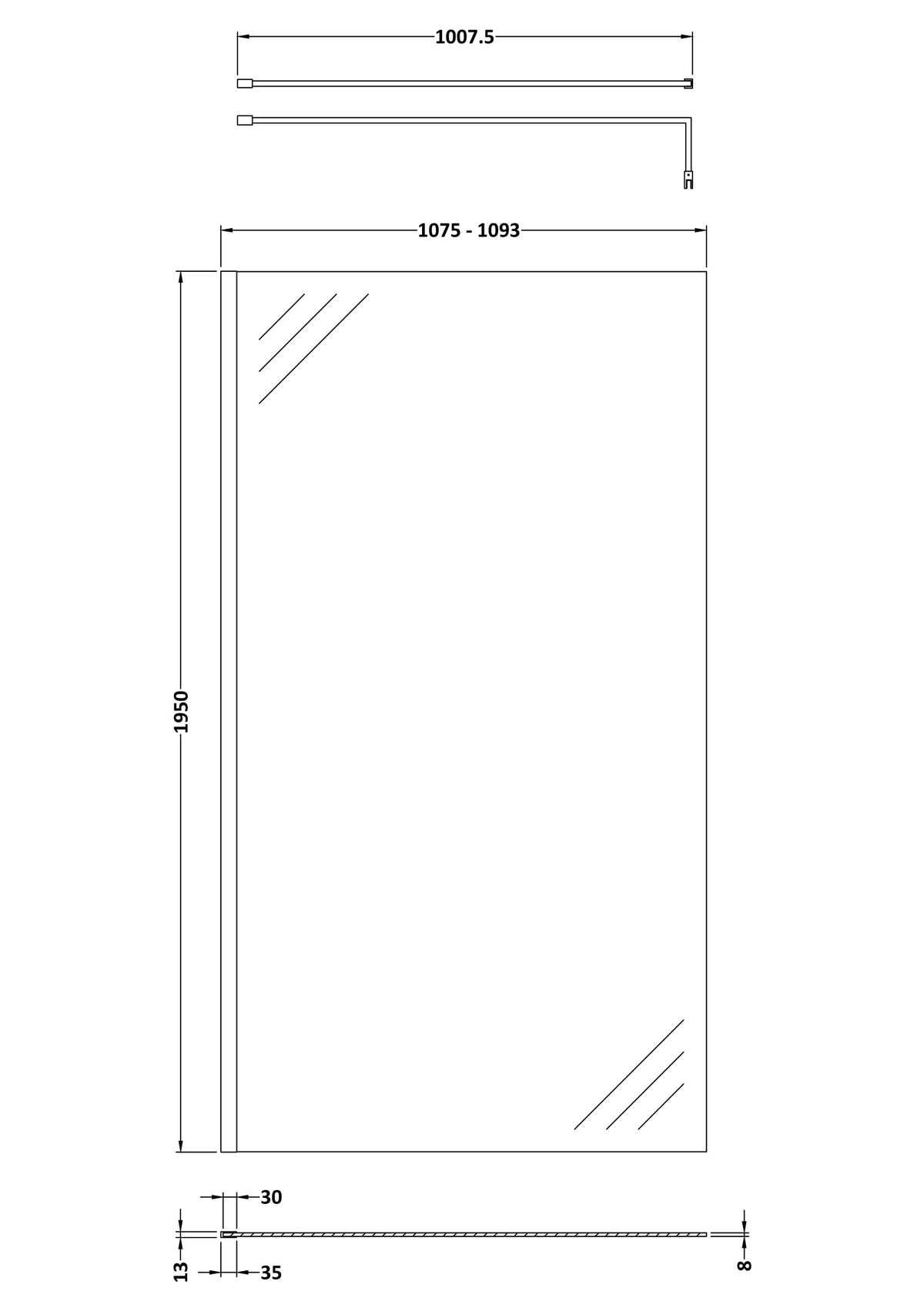 1100mm Wetroom Screen With Black Support Bar