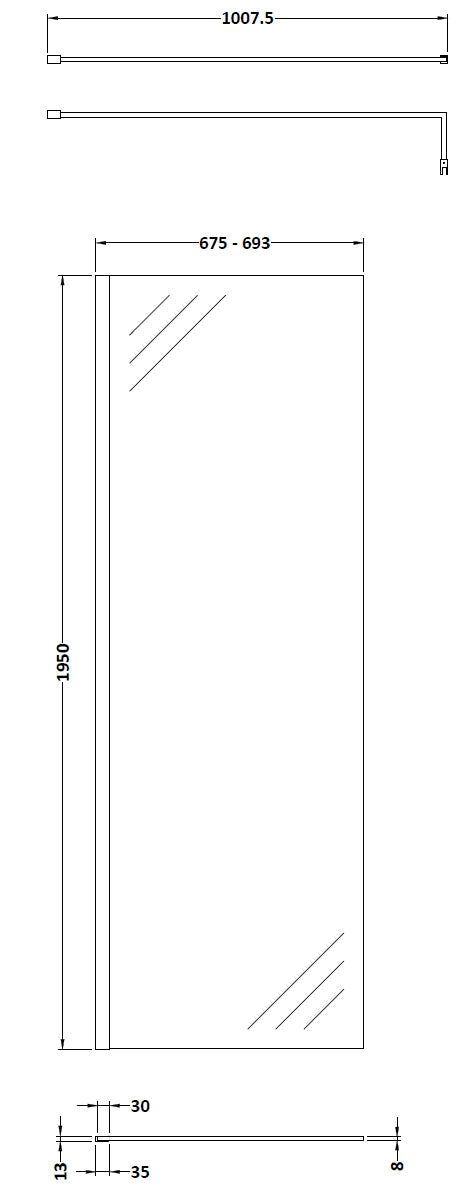 700mm Wetroom Screen With Black Support Bar