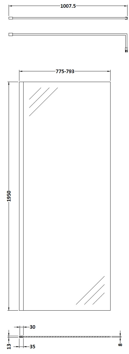 800mm Wetroom Screen With Black Support Bar