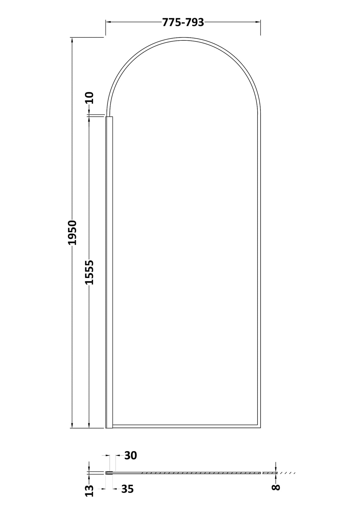 800mm Arched Wetroom Screen 8mm Glass