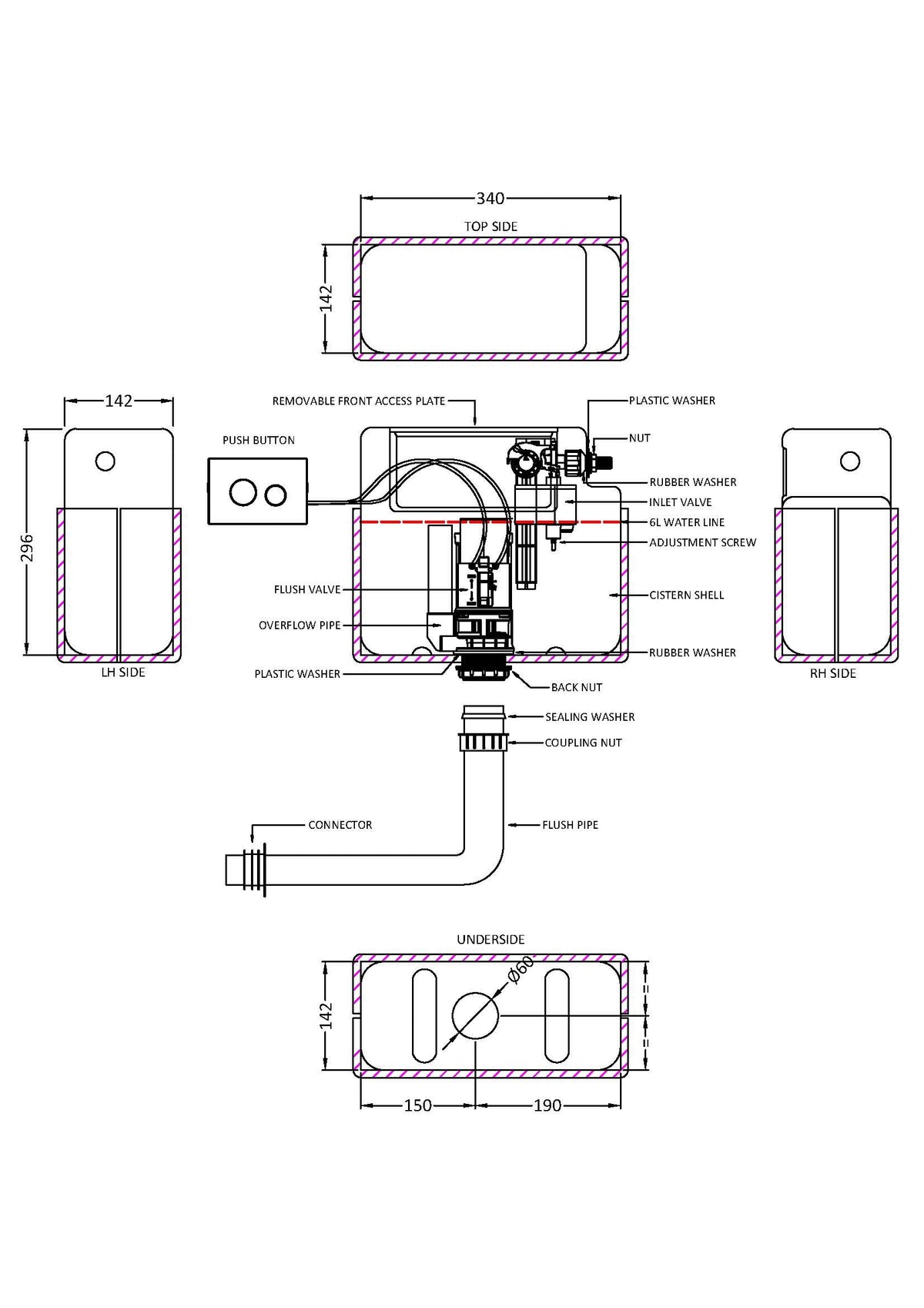Ceramics Accessories Pneumatic Dual Flush Universal Access Concealed Cistern