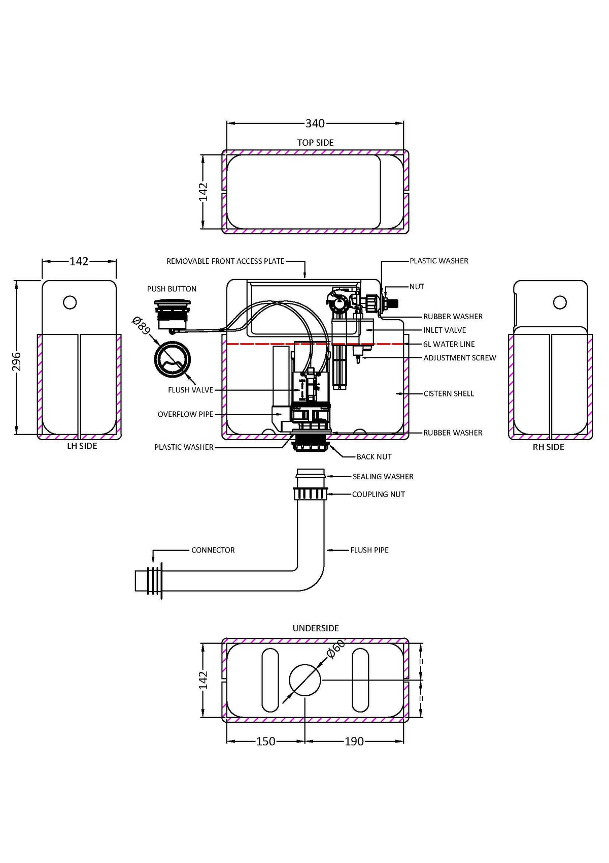 Ceramics Accessories Pneumatic Dual Flush Universal Access Concealed Cistern