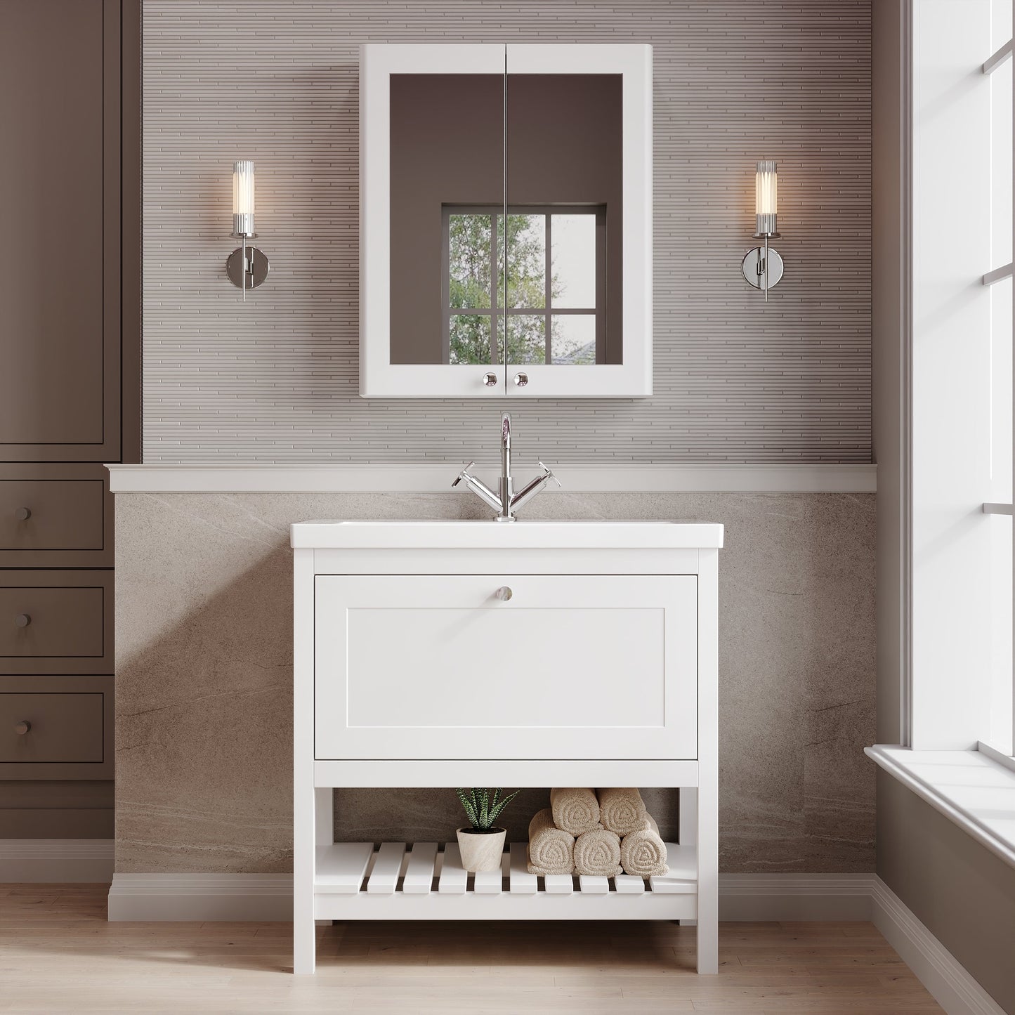 Hudson Reed Bexley 800mm Pure White Floor Standing 1 Drawer Vanity & 1 Tap Hole Basin With Soft Close Drawer