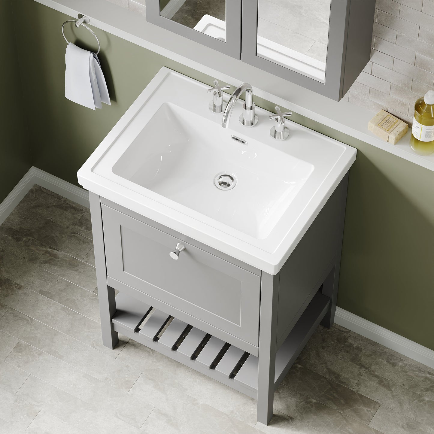 Hudson Reed Bexley 600mm Cool Grey Floor Standing 1 Drawer Vanity Unit with 3 Tap Hole Basin