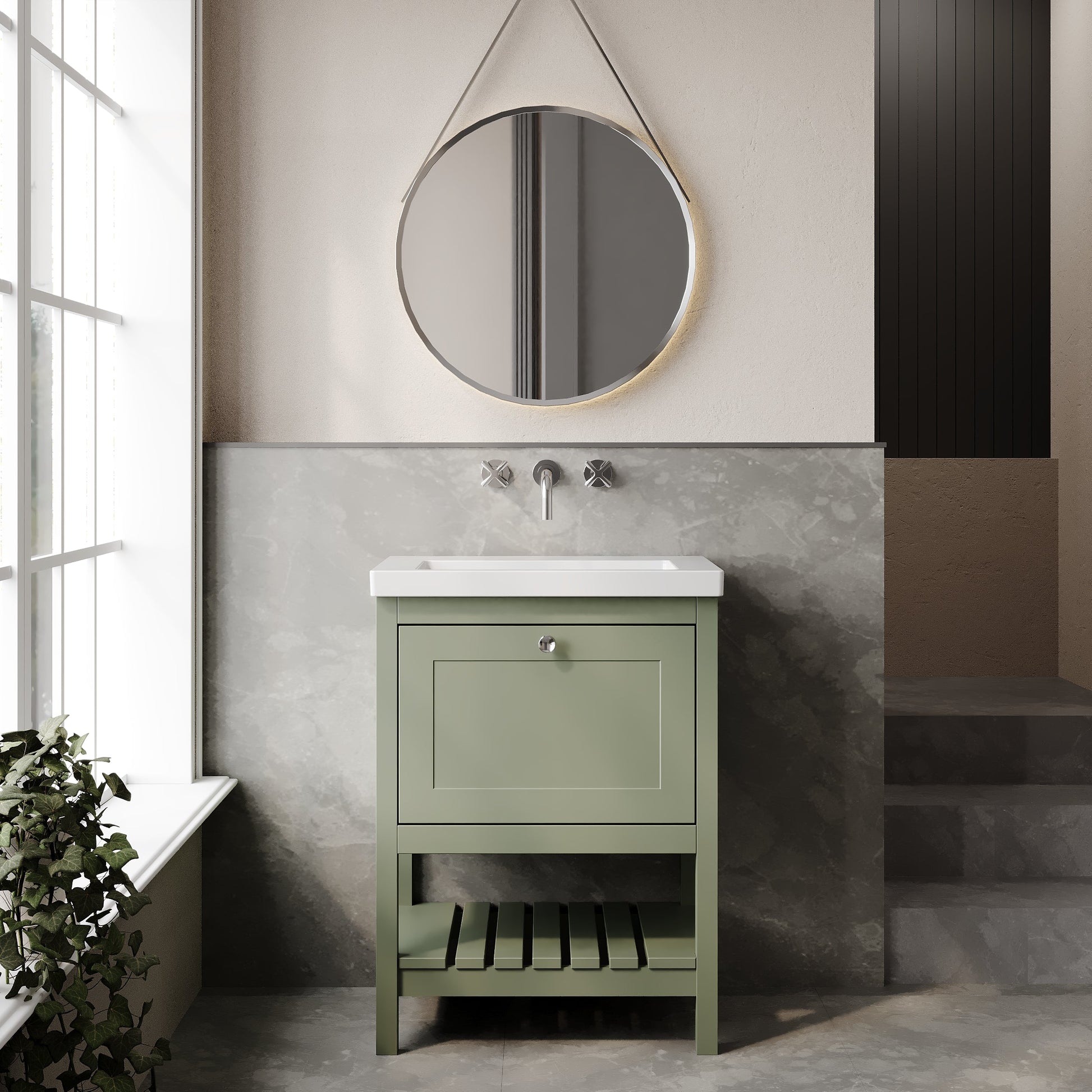 Bexley Floor Standing 1 Drawer Vanity & 0 Tap Hole Contemporary Fireclay Basin, 600mm - Fern Green