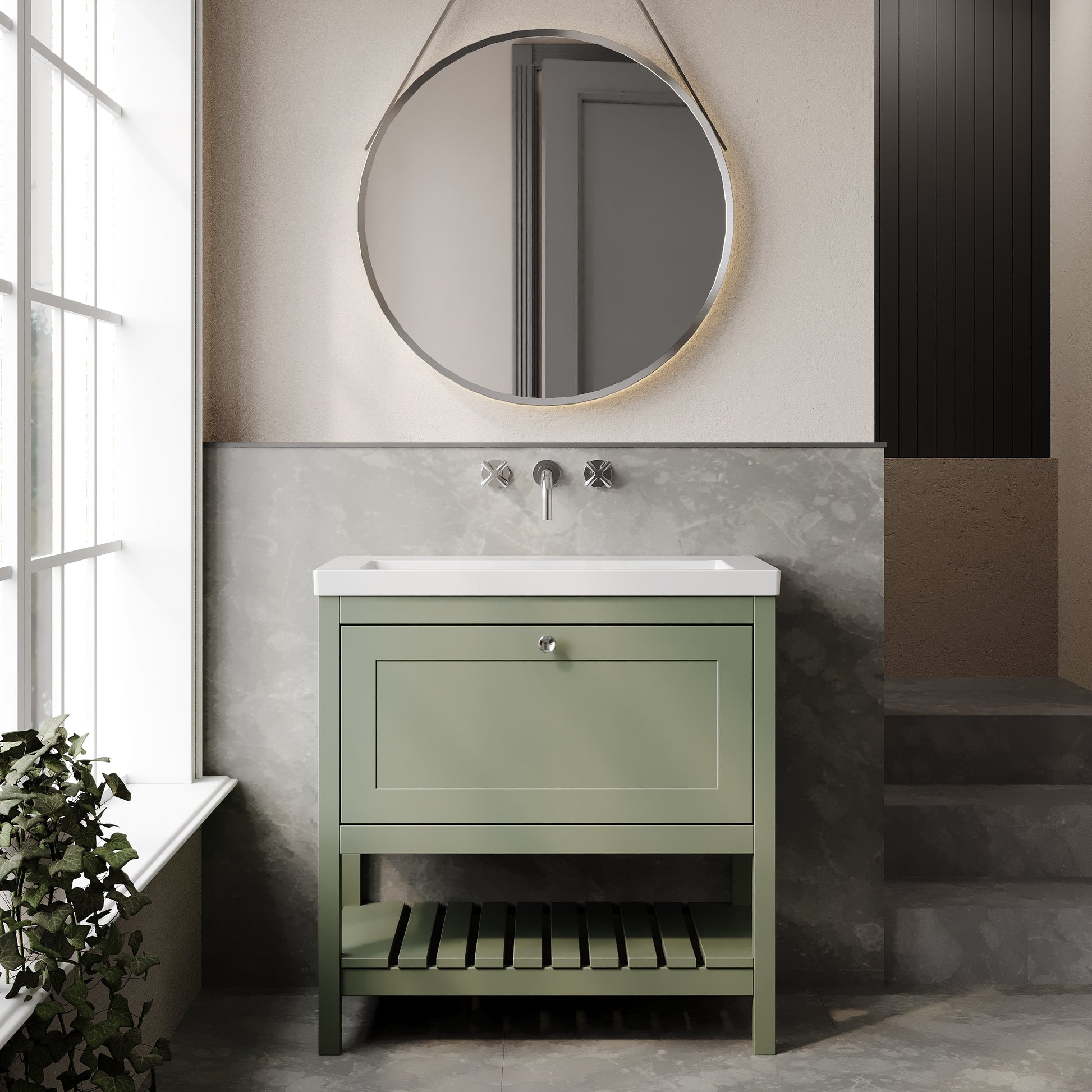 Bexley Floor Standing 1 Drawer Vanity & 0 Tap Hole Contemporary Fireclay Basin, 800mm - Fern Green