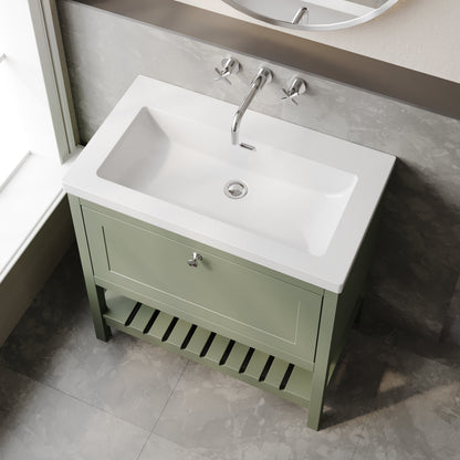 Bexley Floor Standing 1 Drawer Vanity & 0 Tap Hole Contemporary Fireclay Basin, 800mm - Fern Green
