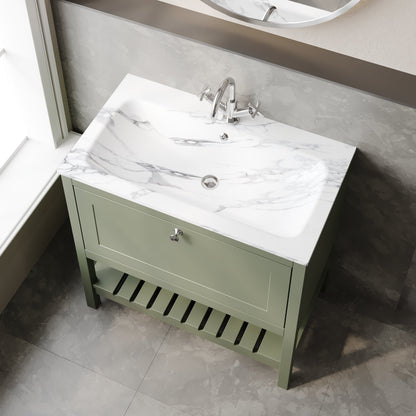 Bexley Floor Standing 1 Drawer Vanity & 1 Tap Hole Stone Basin, 800mm - Fern Green