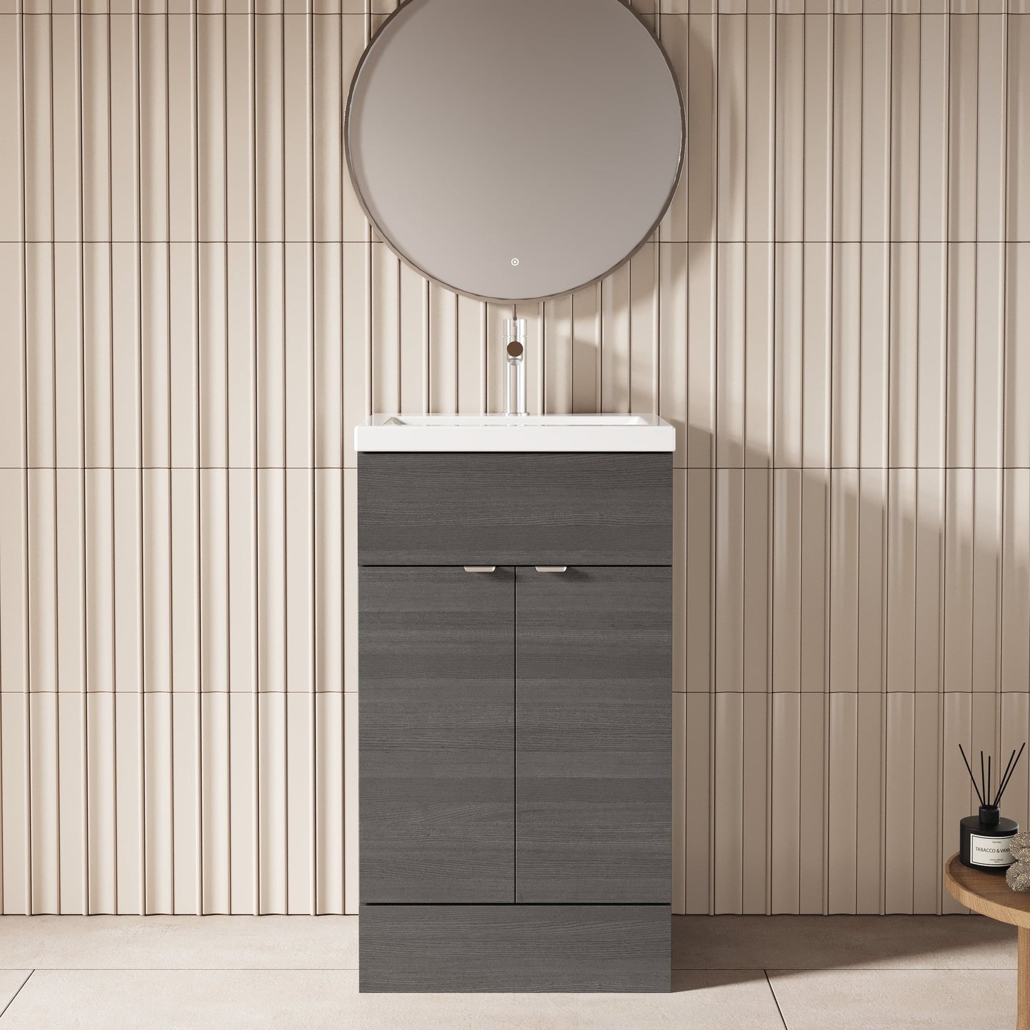 Hudson Reed Fusion 500mm Anthracite Woodgrain Floor Standing 2 Door Vanity Unit & Ceramic Basin With Handles