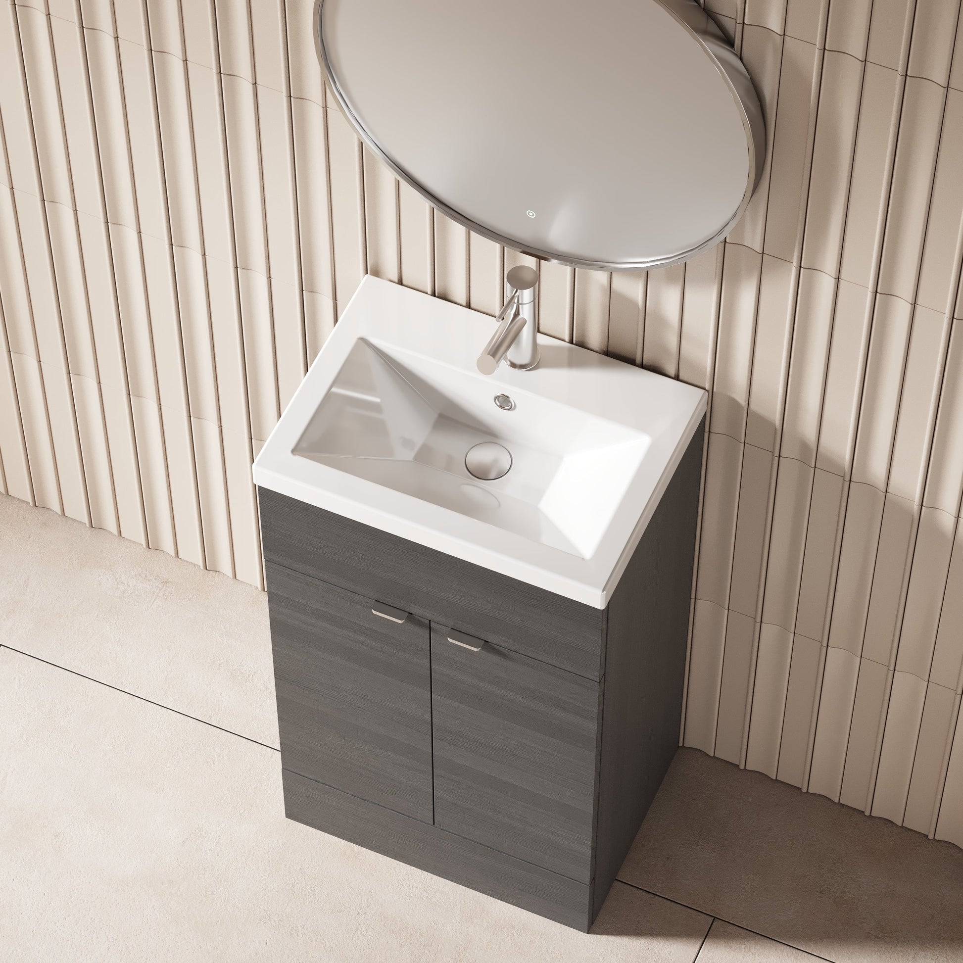 Hudson Reed Fusion 500mm Anthracite Woodgrain Floor Standing 2 Door Vanity Unit & Ceramic Basin With Handles