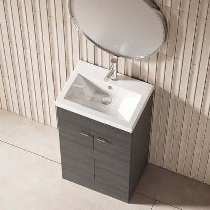 Hudson Reed Fusion 500mm Anthracite Woodgrain Floor Standing 2 Door Vanity Unit & Ceramic Basin With Handles