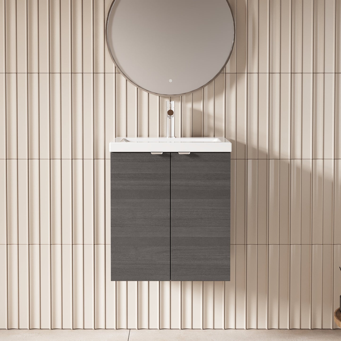 Hudson Reed Fusion 500mm Anthracite Woodgrain Wall Hung 2 Door Vanity Unit With Ceramic Basin