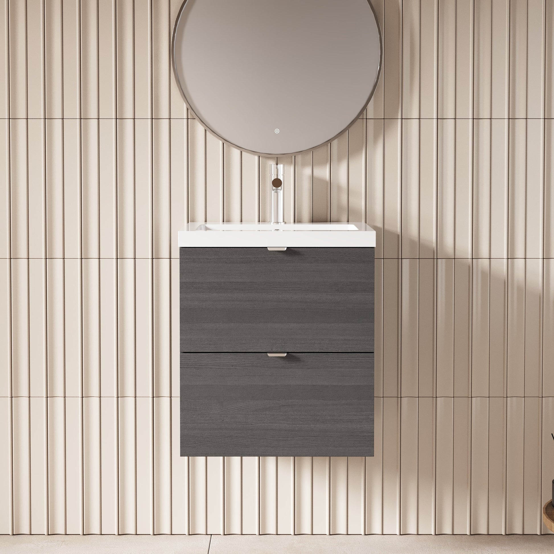 Hudson Reed Fusion 500mm Anthracite Woodgrain Wall Hung 2 Drawer Vanity Unit & Basin
