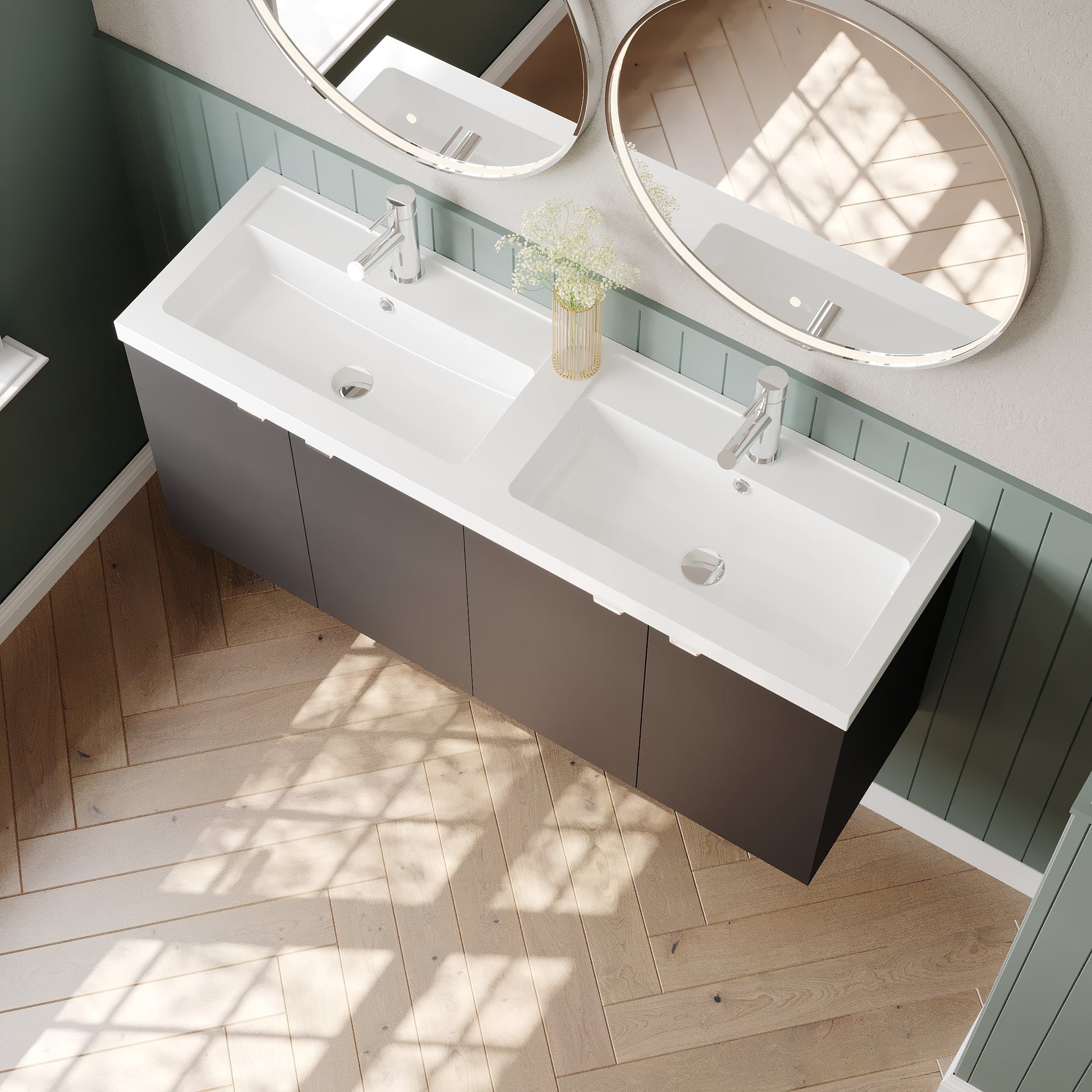 Hudson Reed Fusion 1200mm Gloss Grey Wall Hung 2 Door Vanity Unit & Twin Polymarble Basin